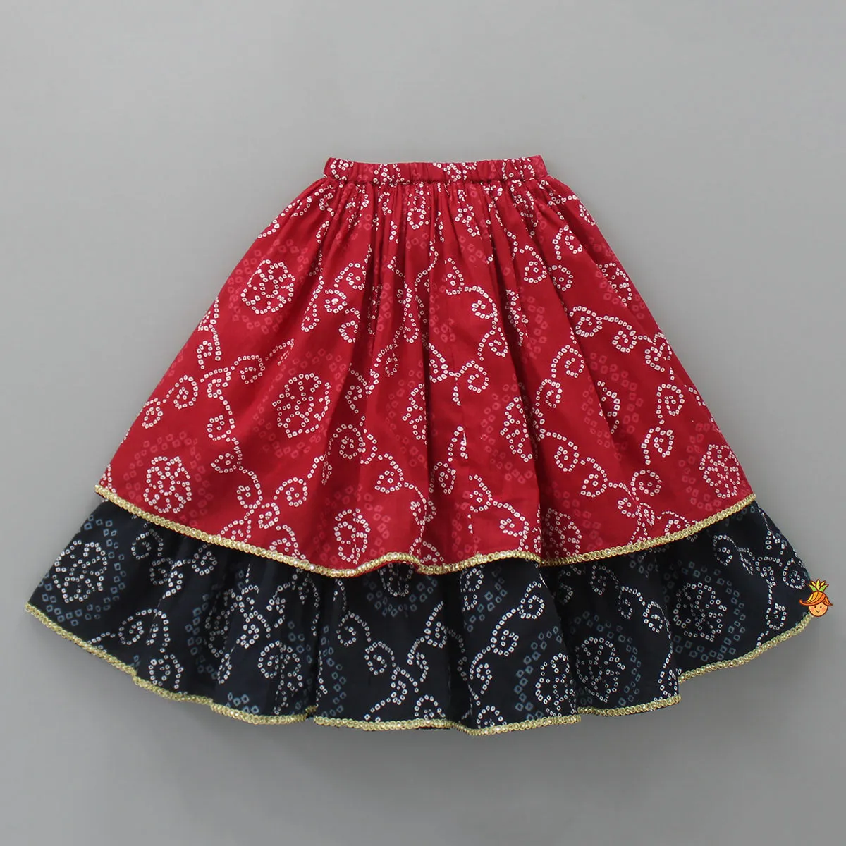 Bandhani Printed Red And Black Layered Top With Lehenga