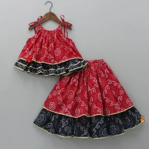 Bandhani Printed Red And Black Layered Top With Lehenga