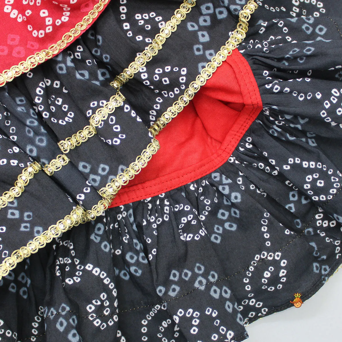 Bandhani Printed Red And Black Layered Top With Lehenga