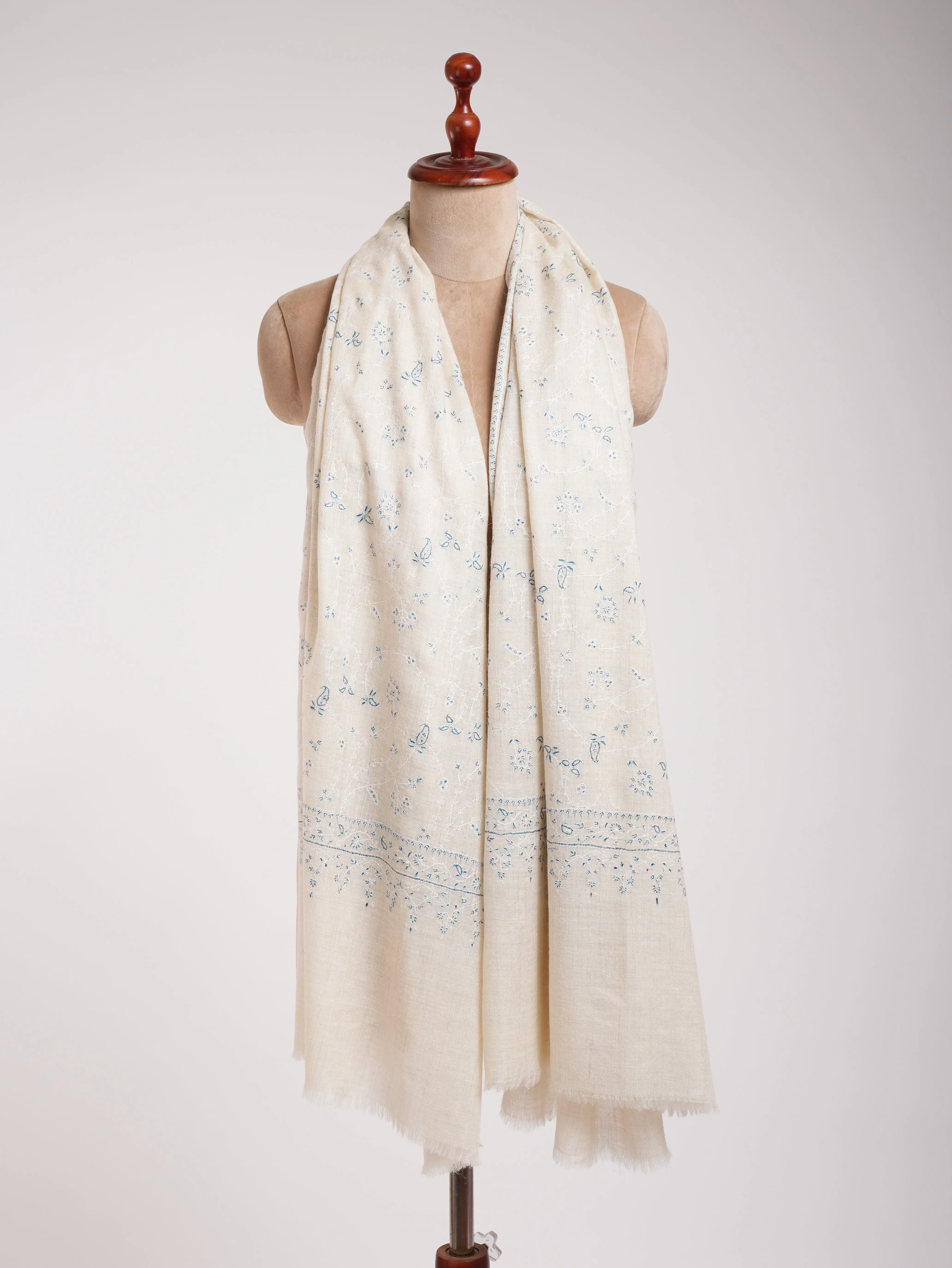 Beautiful White Pashmina Shawl With Blue Embroidery