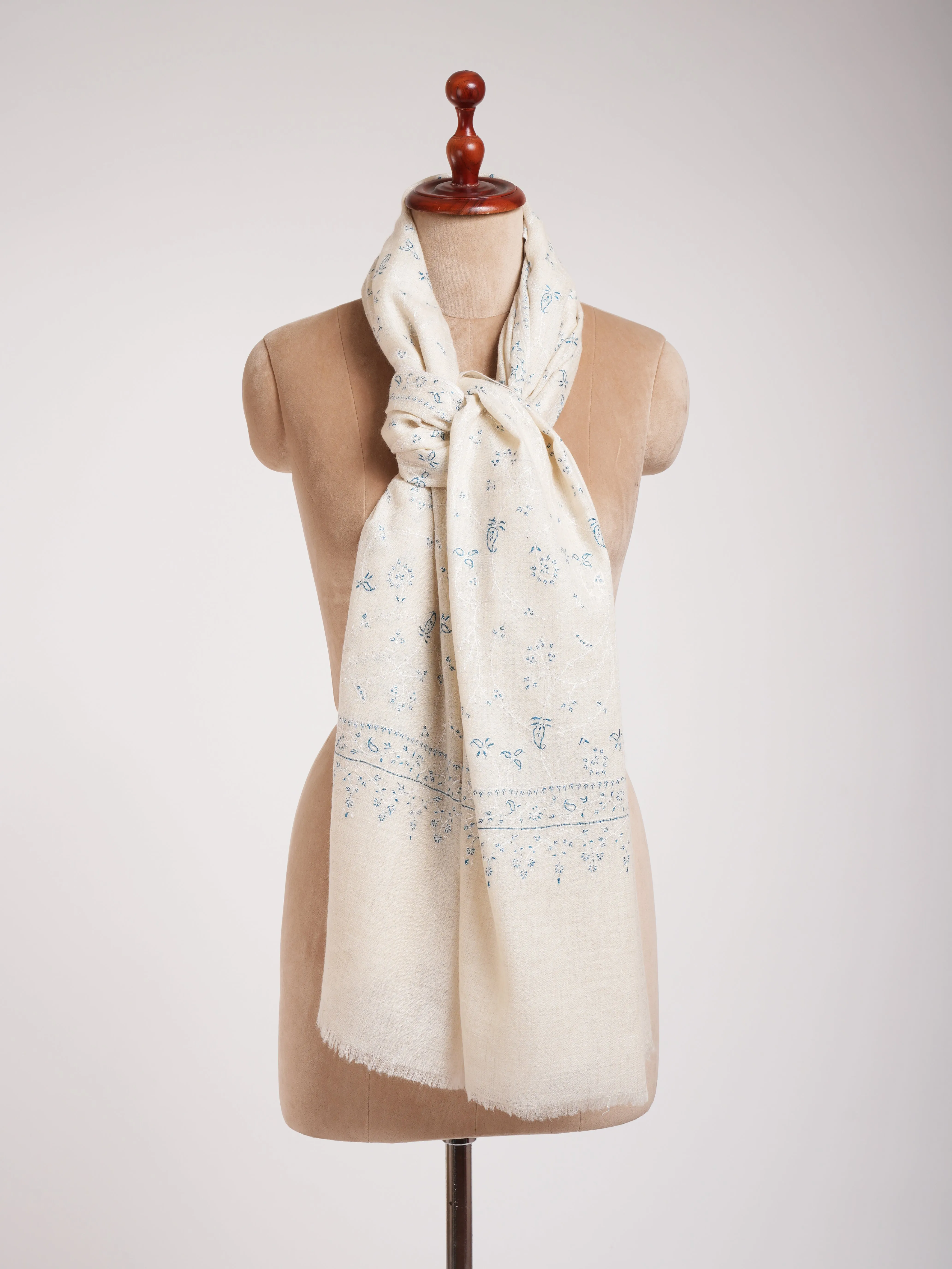 Beautiful White Pashmina Shawl With Blue Embroidery