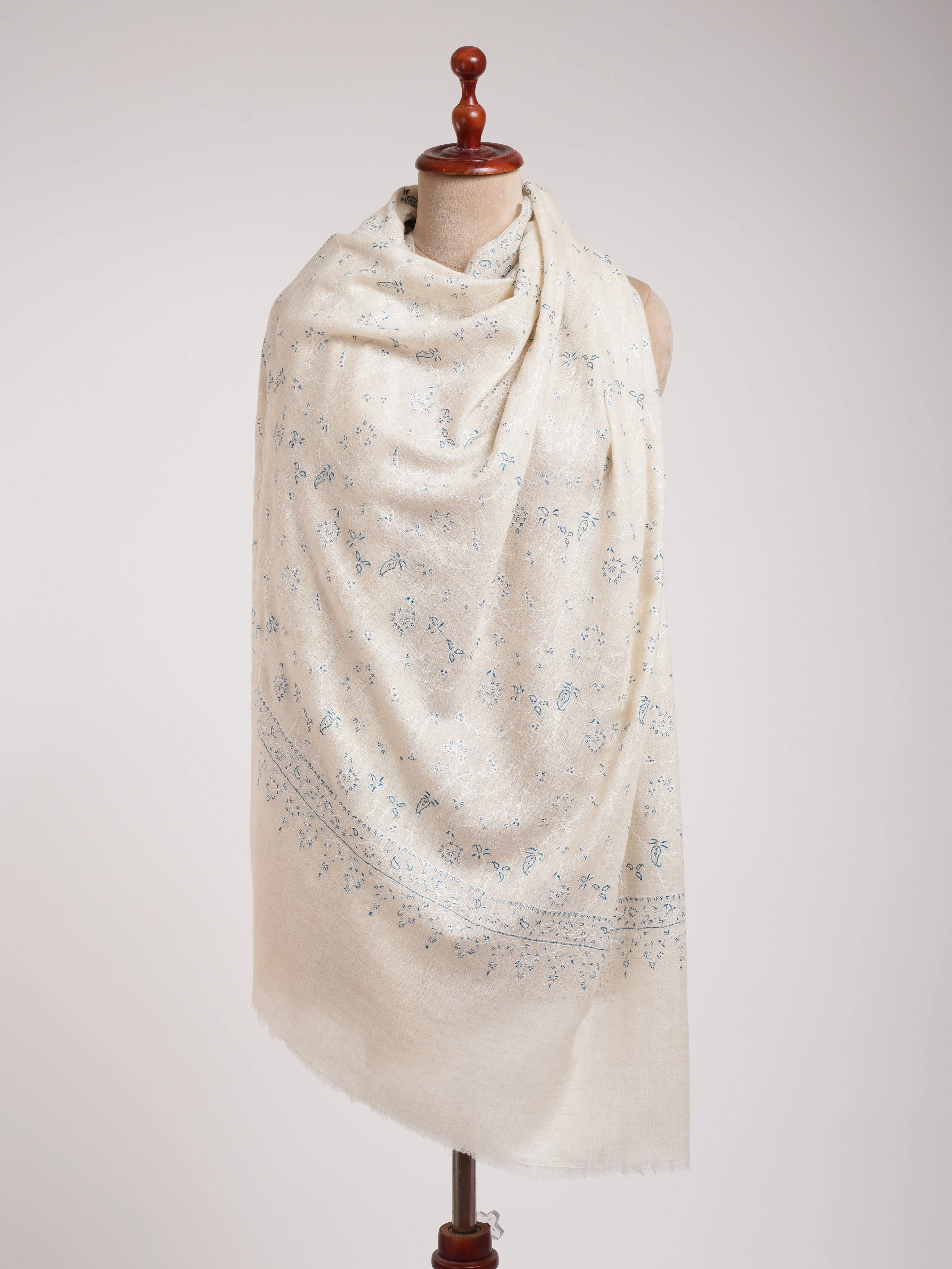 Beautiful White Pashmina Shawl With Blue Embroidery