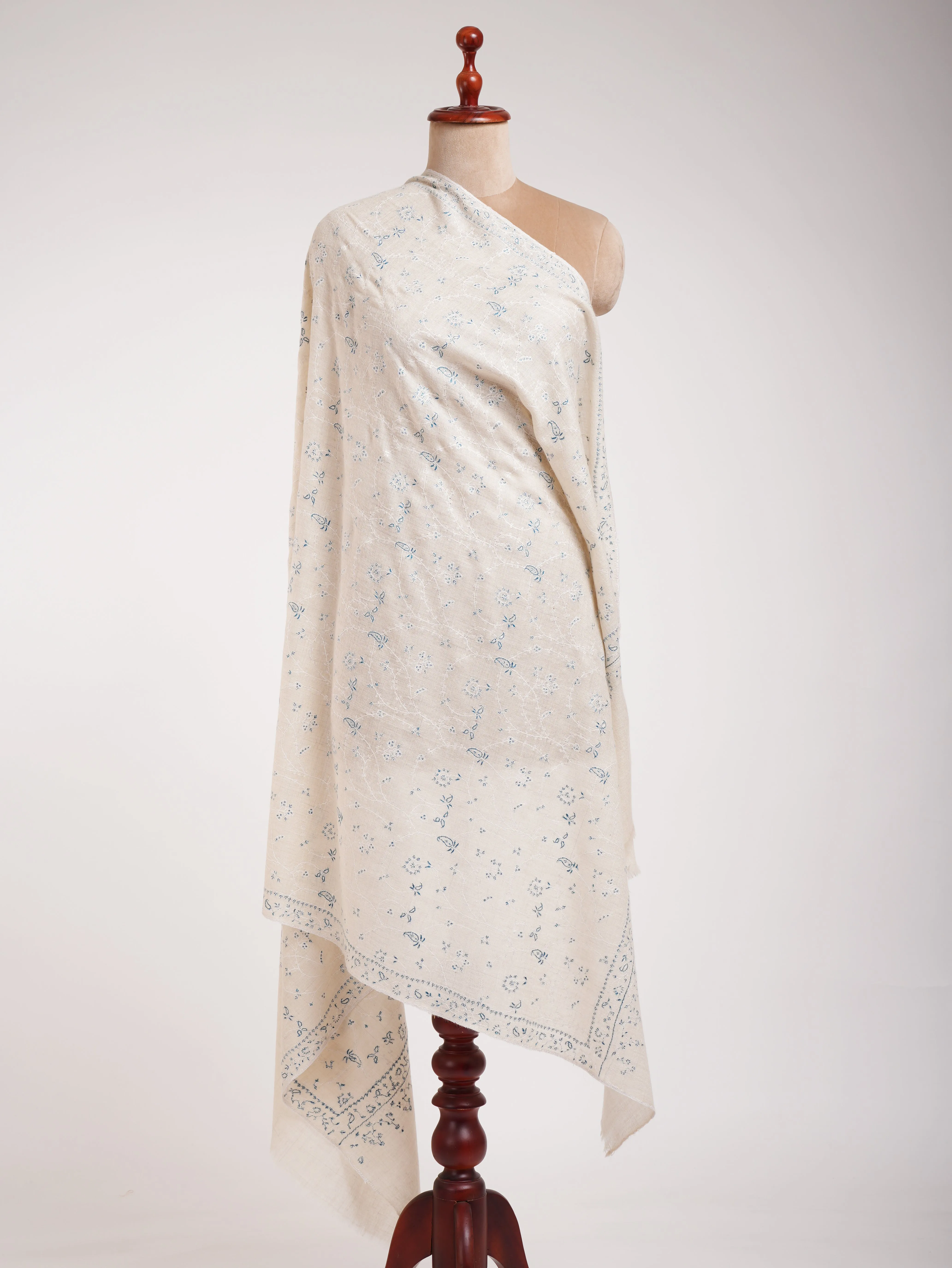 Beautiful White Pashmina Shawl With Blue Embroidery