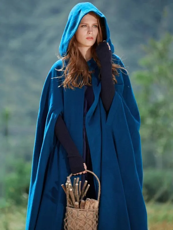 Blue Hooded Cloak Trench Cape Outwear