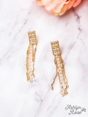 DANCE WITH ME GOLD CRYSTAL RECTANGLE PENDANT WHITE BEADED FRINGE EARRINGS