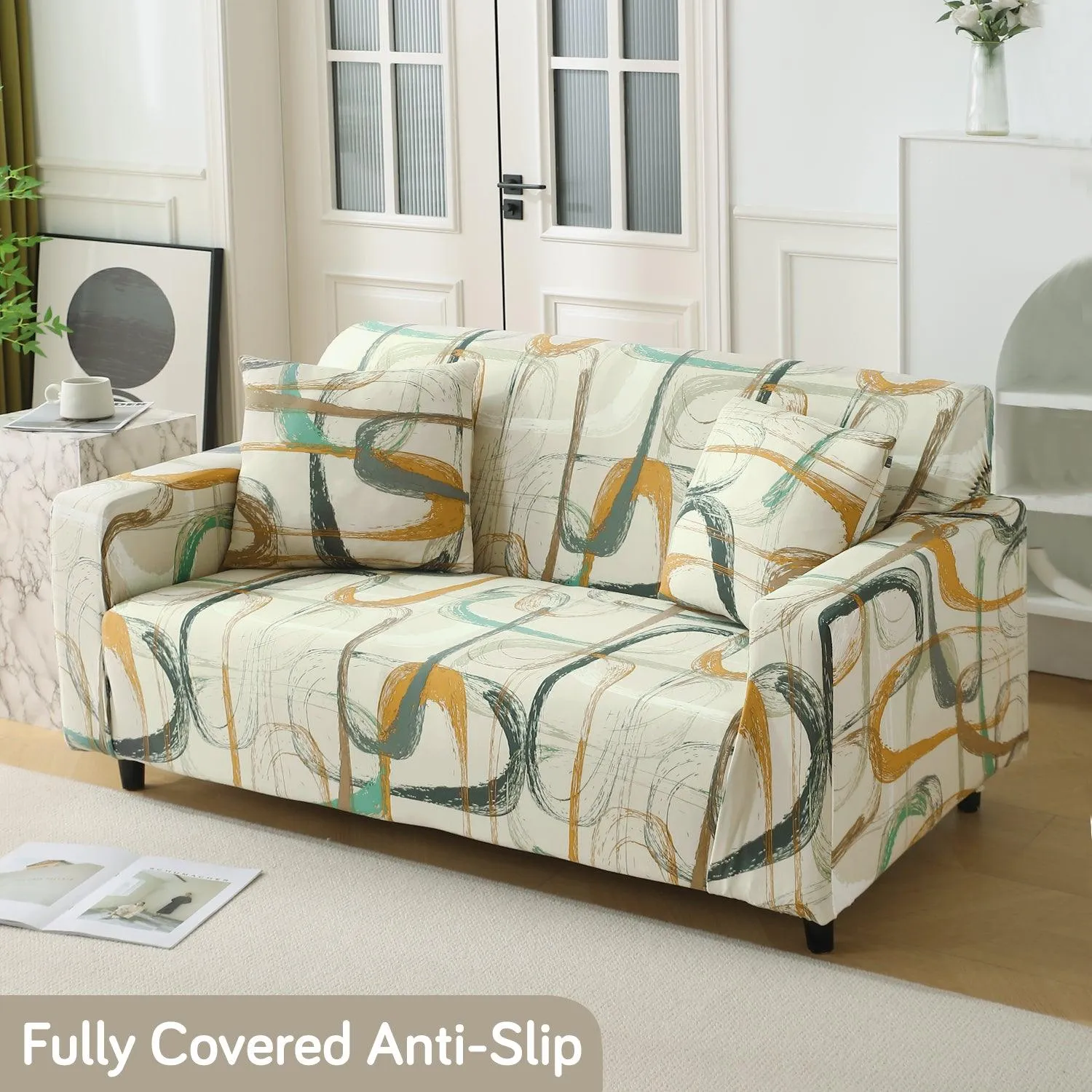 Elastic Stretchable Printed 140gsm Fully Covered Sofa Cover, Parchement Beige Abstract Art