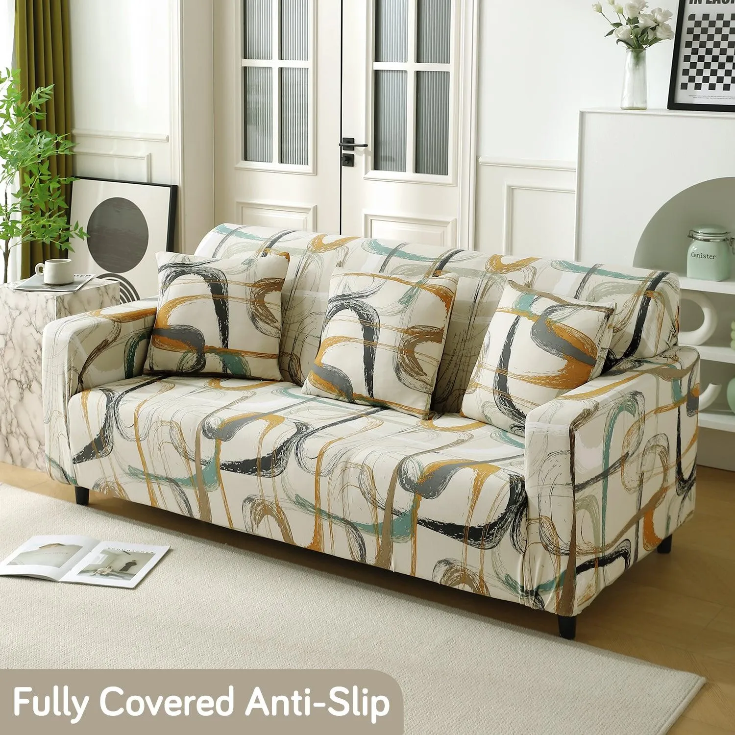 Elastic Stretchable Printed 140gsm Fully Covered Sofa Cover, Parchement Beige Abstract Art