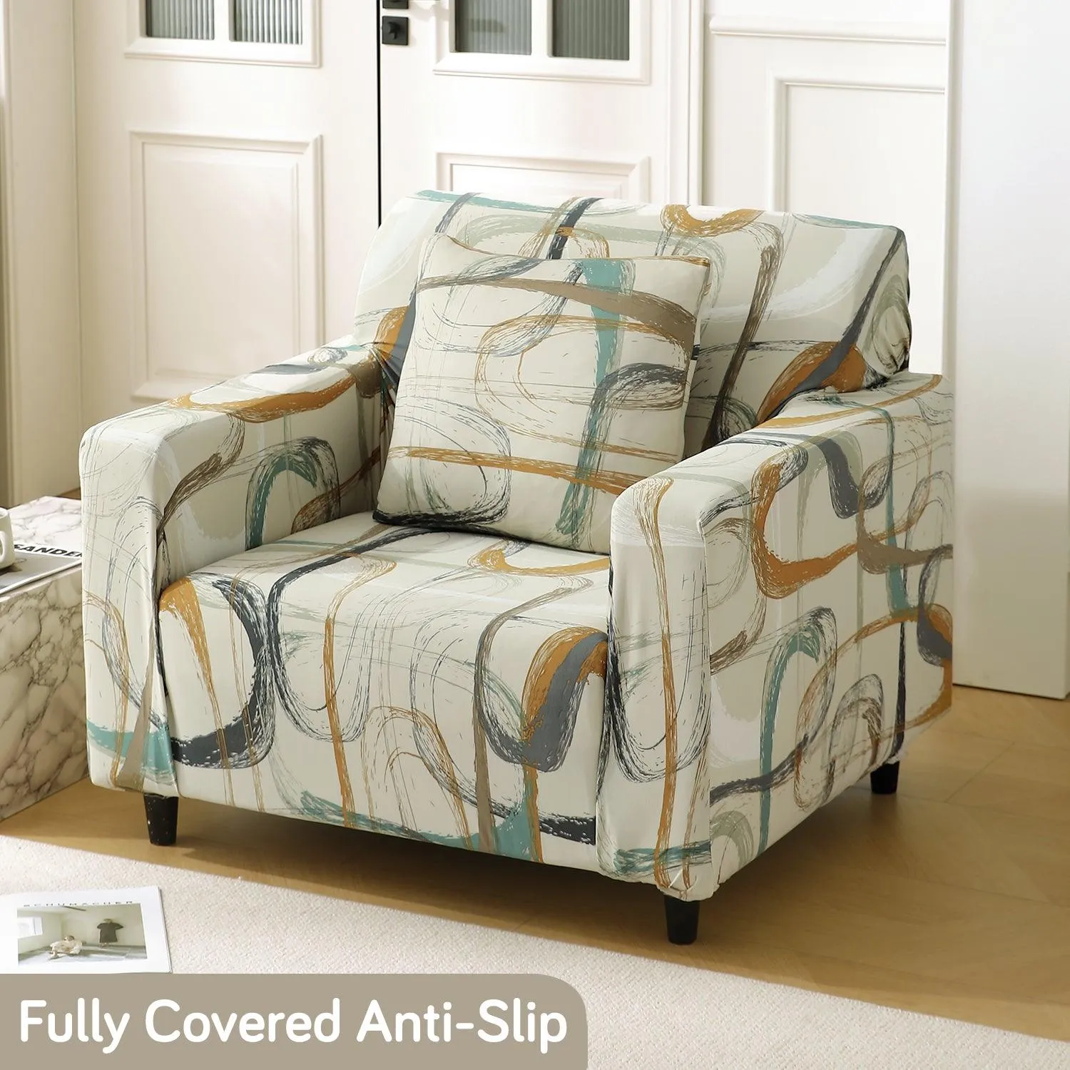 Elastic Stretchable Printed 140gsm Fully Covered Sofa Cover, Parchement Beige Abstract Art