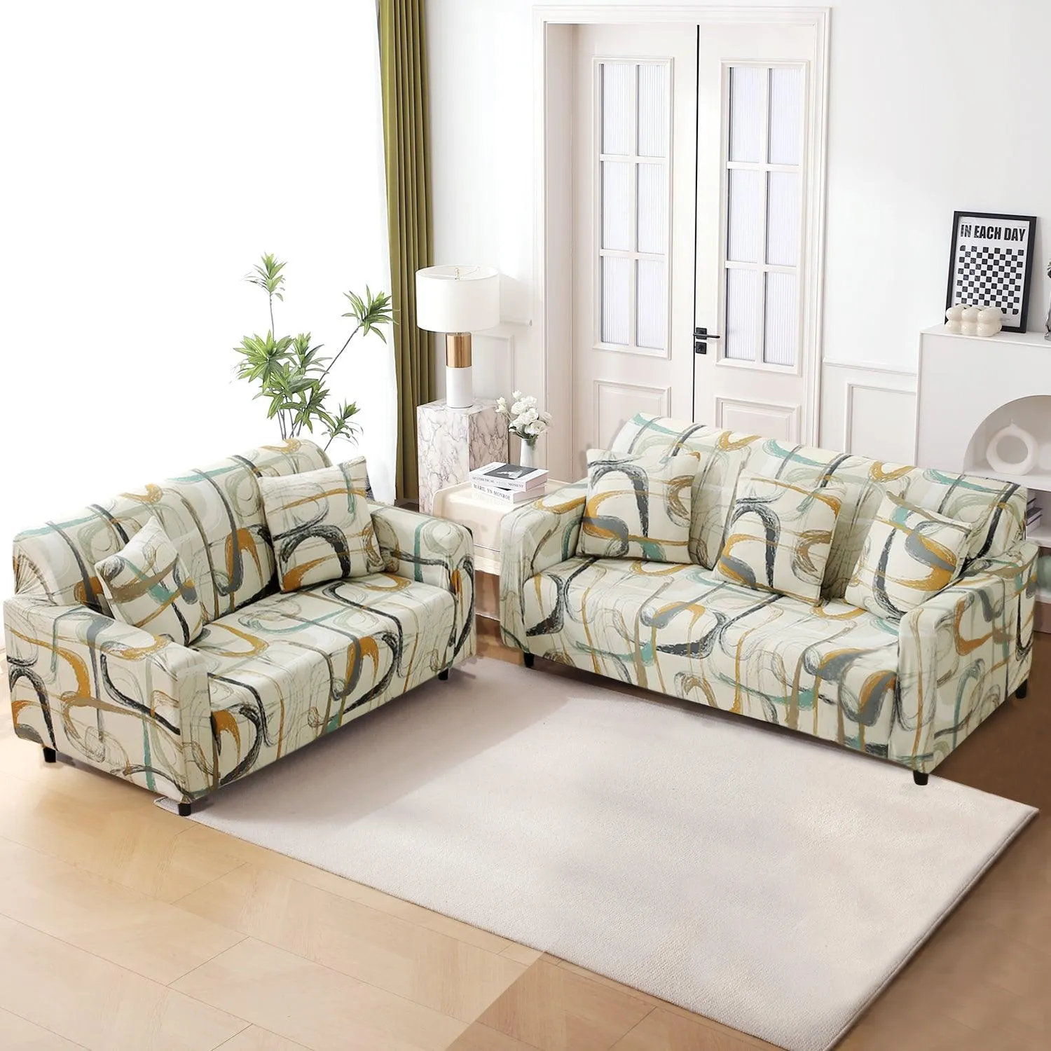 Elastic Stretchable Printed 140gsm Fully Covered Sofa Cover, Parchement Beige Abstract Art