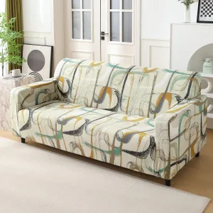 Elastic Stretchable Printed 140gsm Fully Covered Sofa Cover, Parchement Beige Abstract Art