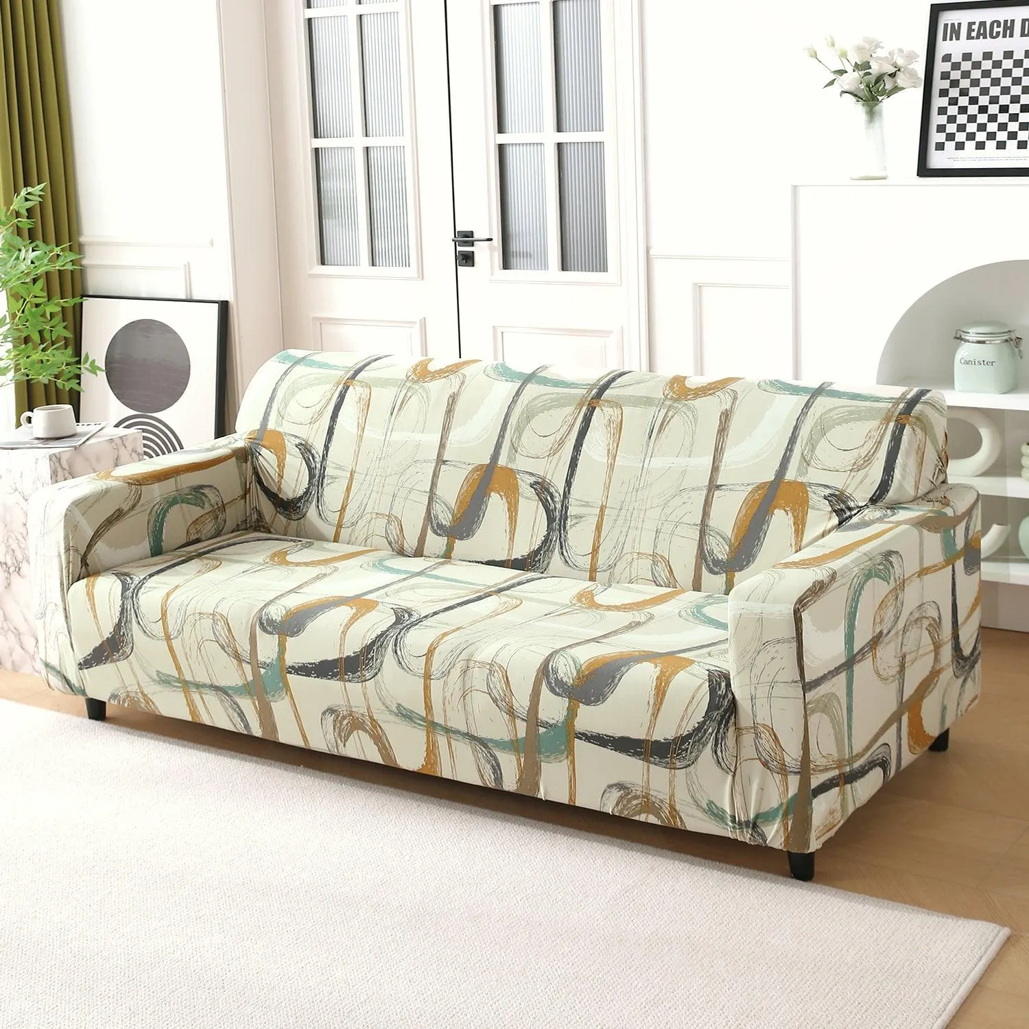 Elastic Stretchable Printed 140gsm Fully Covered Sofa Cover, Parchement Beige Abstract Art