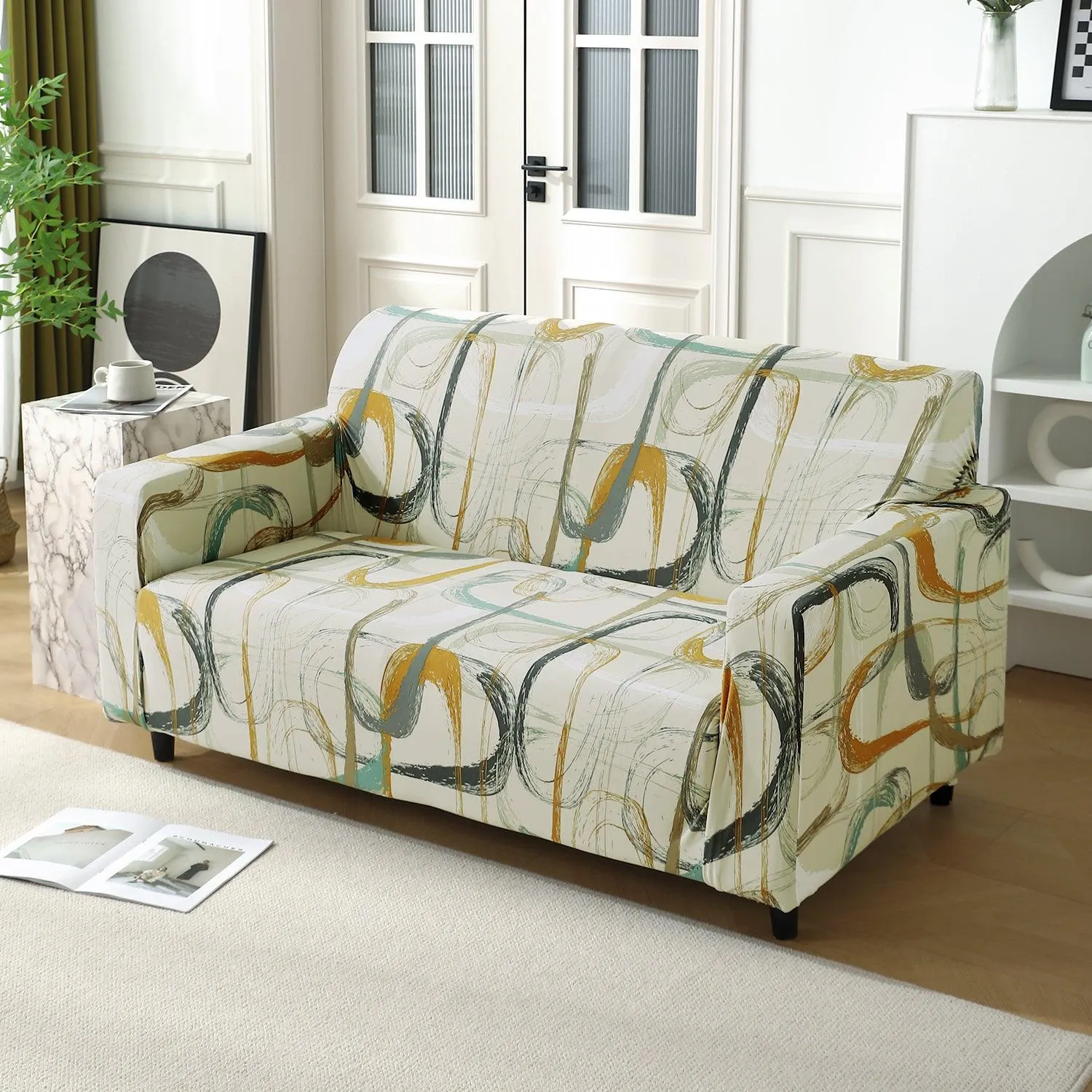 Elastic Stretchable Printed 140gsm Fully Covered Sofa Cover, Parchement Beige Abstract Art