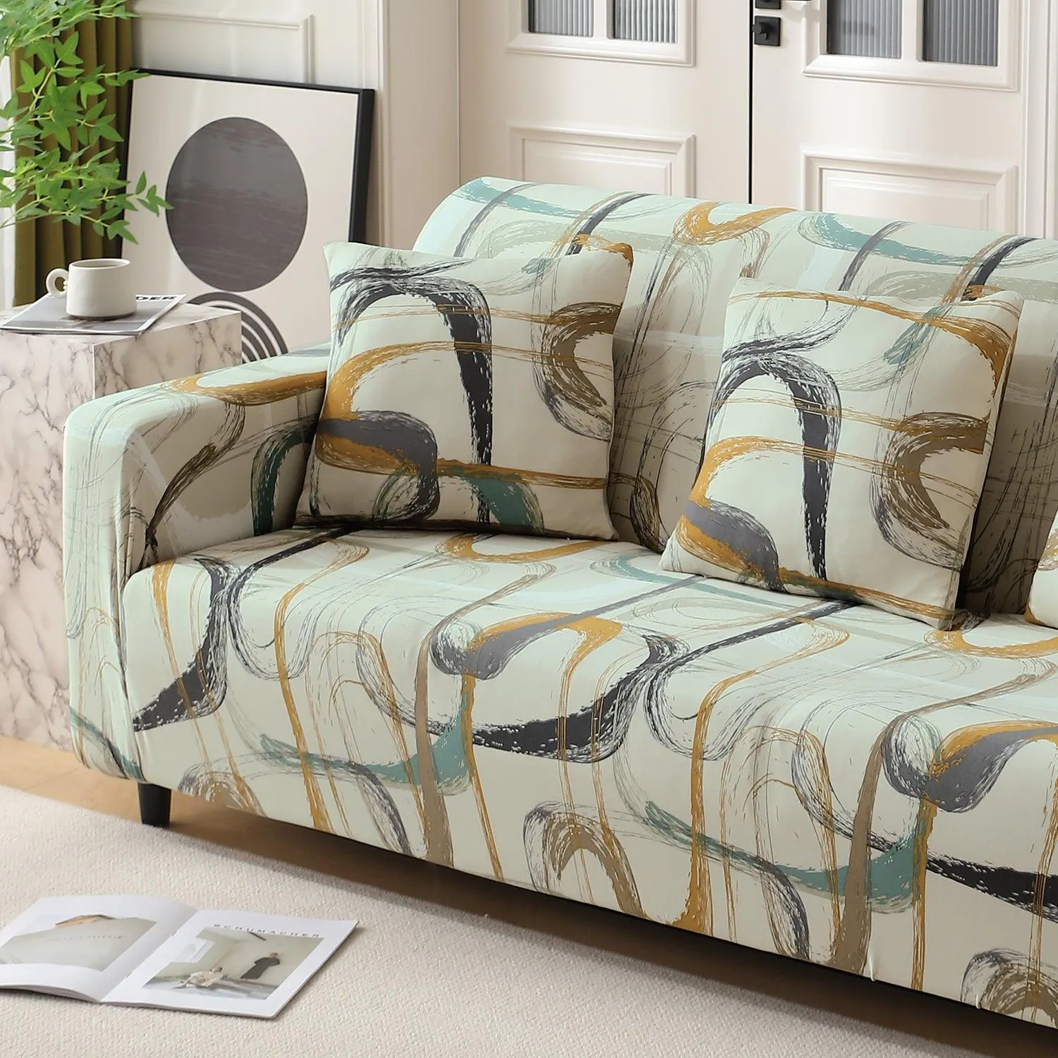 Elastic Stretchable Printed 140gsm Fully Covered Sofa Cover, Parchement Beige Abstract Art