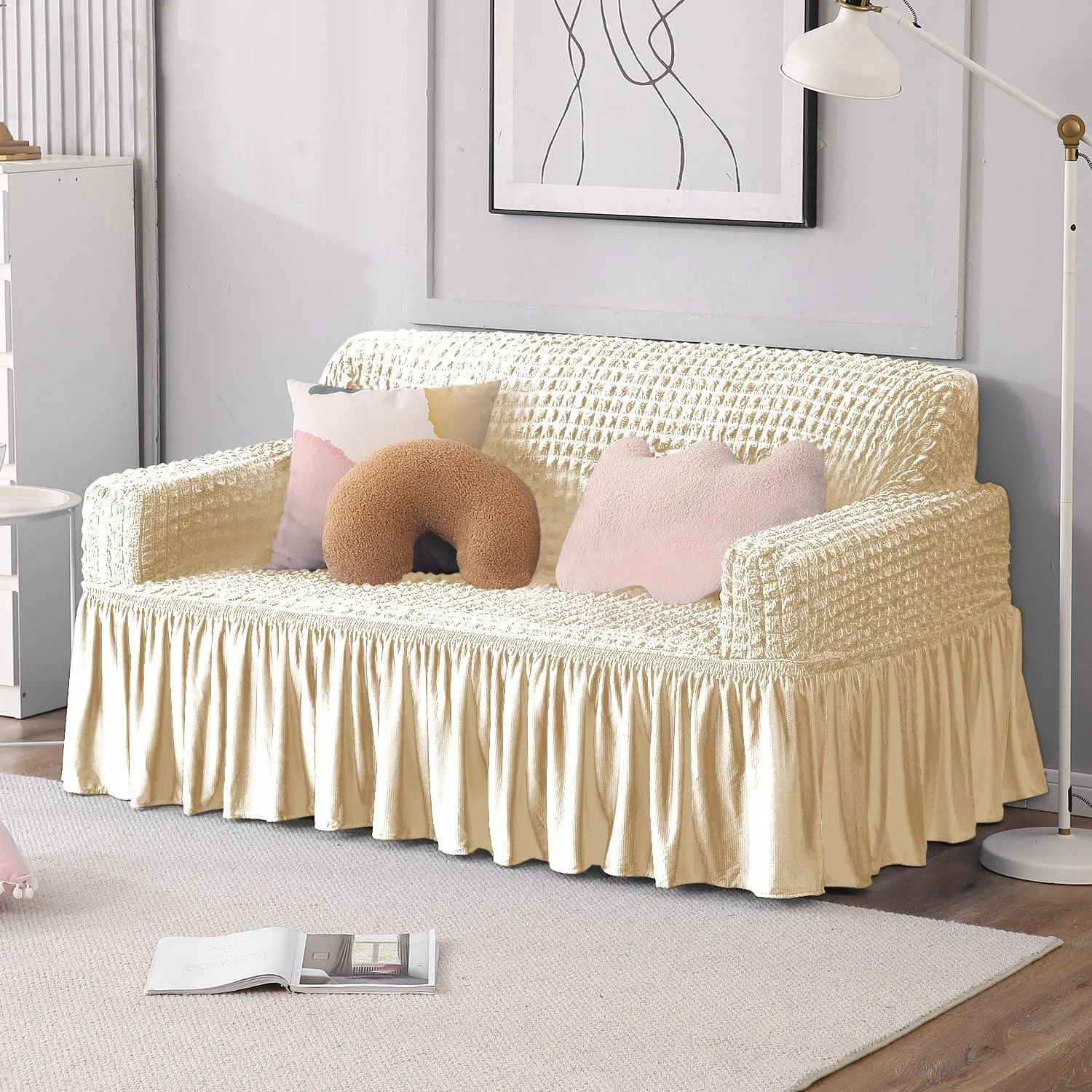 Elastic Stretchable Turkish Bubble Sofa Cover with Frill, Cream