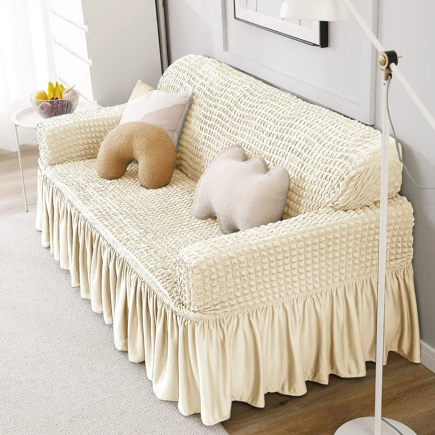 Elastic Stretchable Turkish Bubble Sofa Cover with Frill, Cream