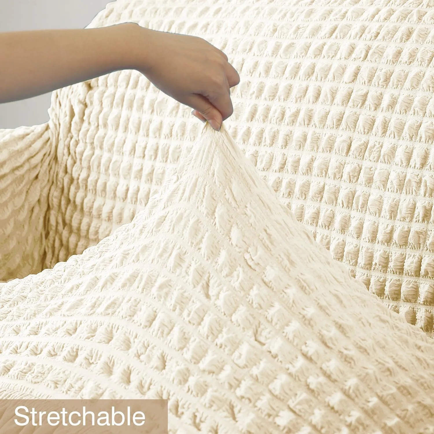 Elastic Stretchable Turkish Bubble Sofa Cover with Frill, Cream