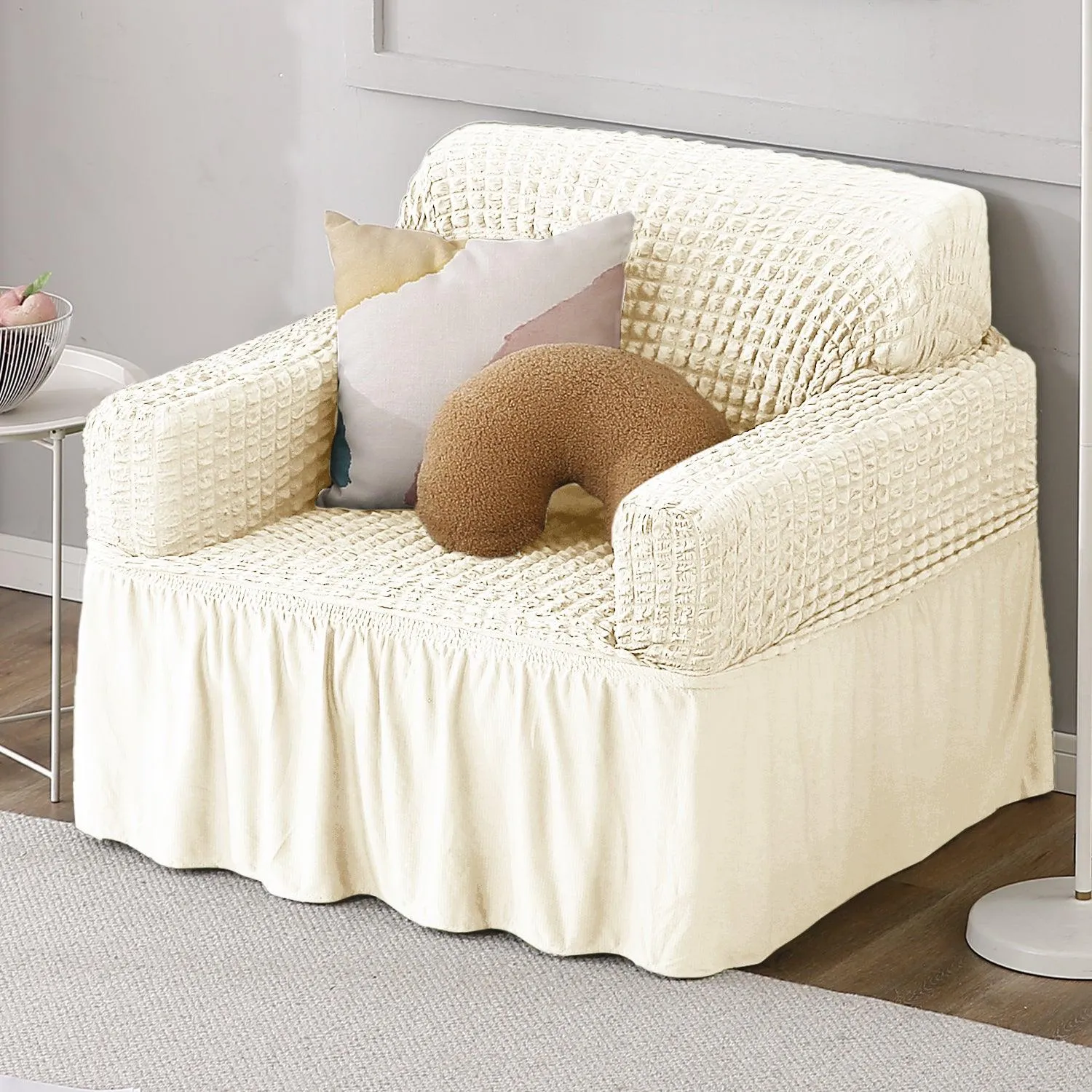 Elastic Stretchable Turkish Bubble Sofa Cover with Frill, Cream