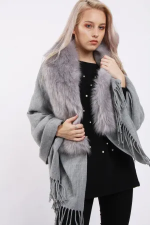 Faux Fur Collar Fringe Shawl/Scarf