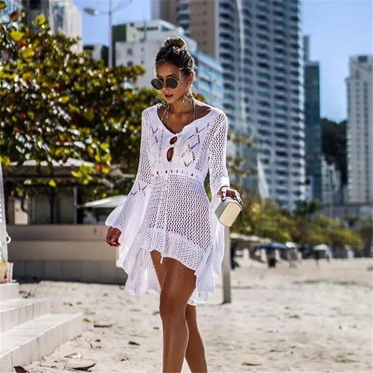 Flared Sleeves Hollow Crochet Swimwear Cover-ups Mini Dress