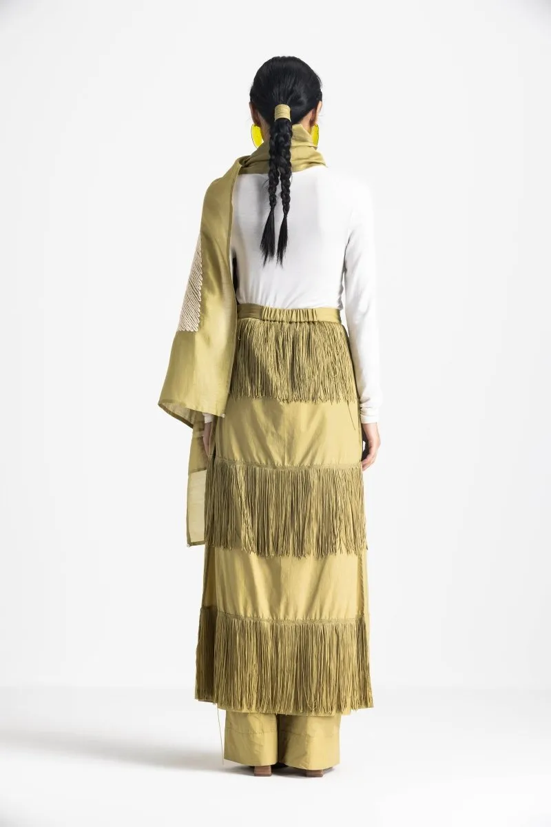 Fringe Skirt Pant Co-ord - Moss Green (with Scarf)