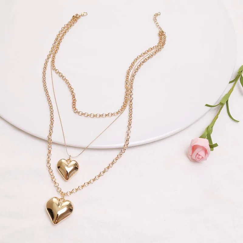 Gold Three-layered Heart Chain Pendant Necklace