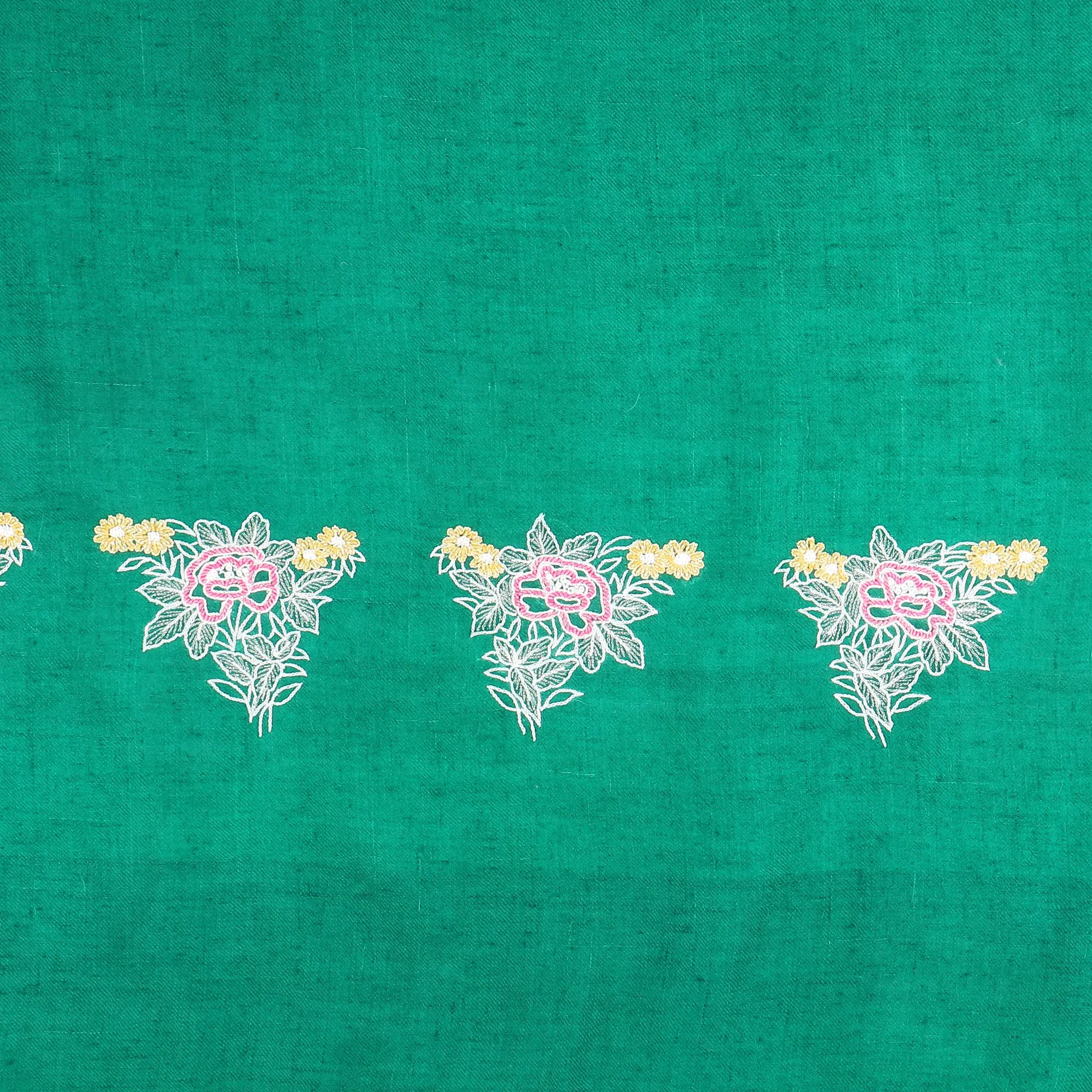 Green Pure Pashmina Shawl with hand embroidered floral motifs on either ends