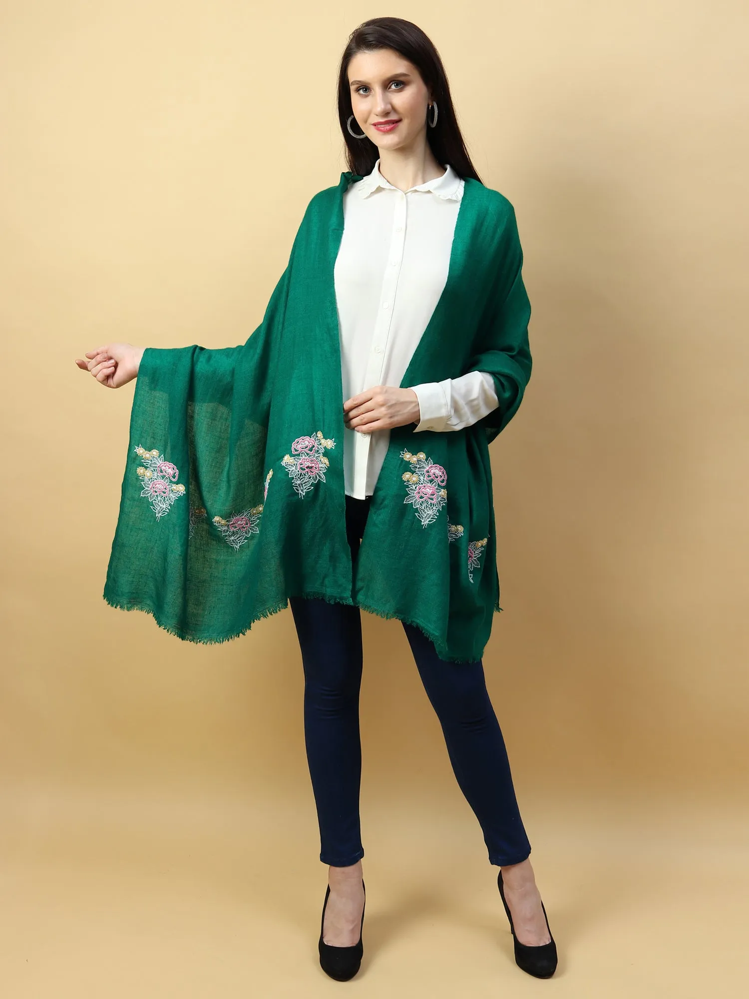 Green Pure Pashmina Shawl with hand embroidered floral motifs on either ends