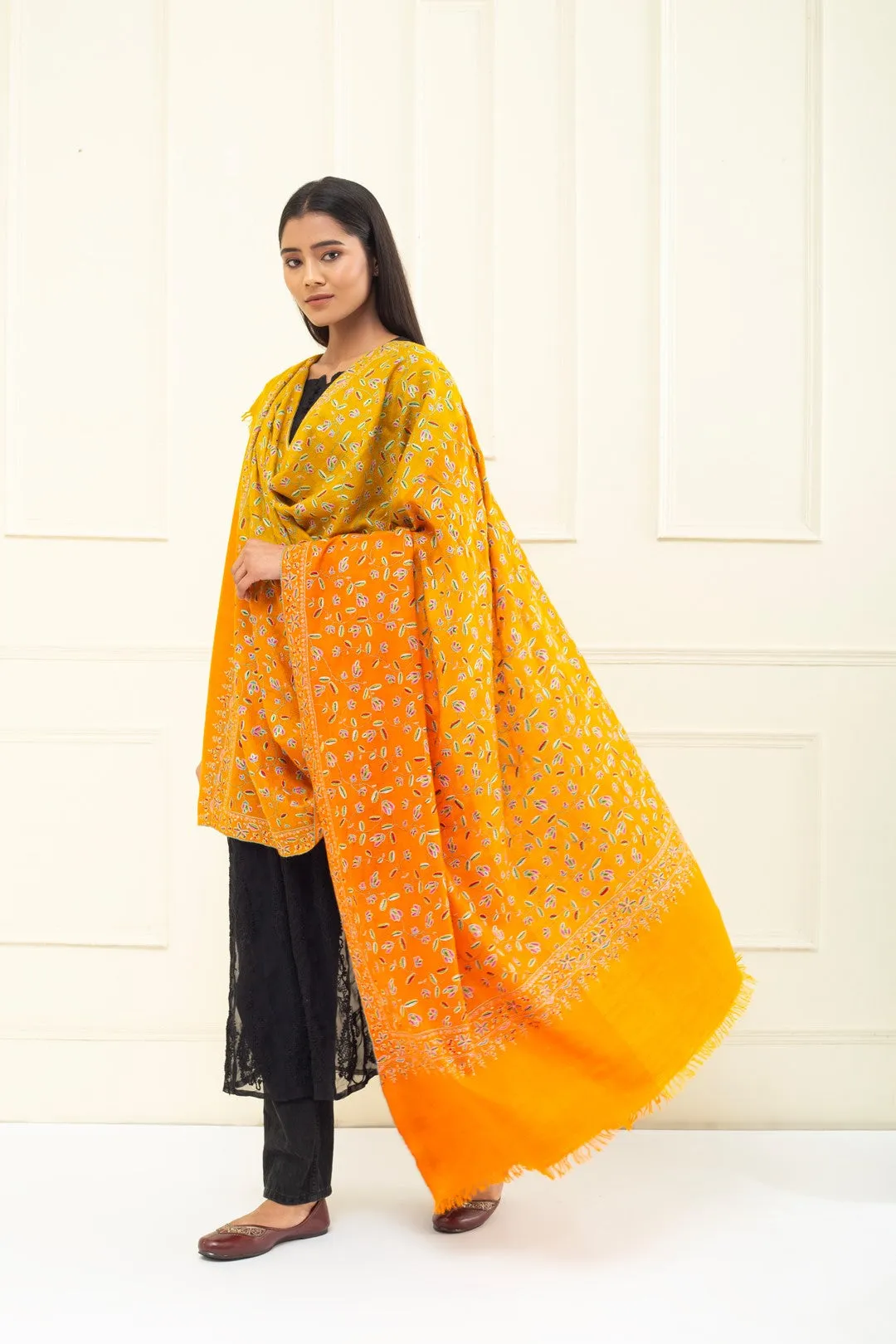 Gul-e-Benafsha Orange Intricate Sozni Jaali Pashmina Shawl