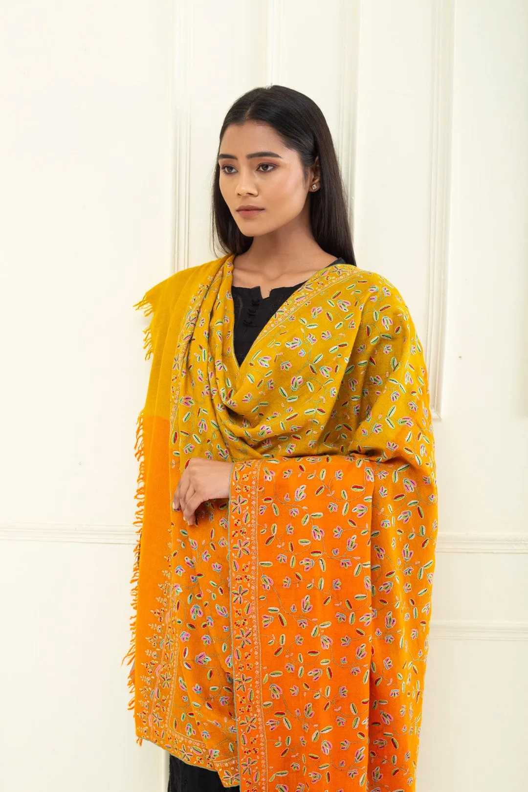 Gul-e-Benafsha Orange Intricate Sozni Jaali Pashmina Shawl