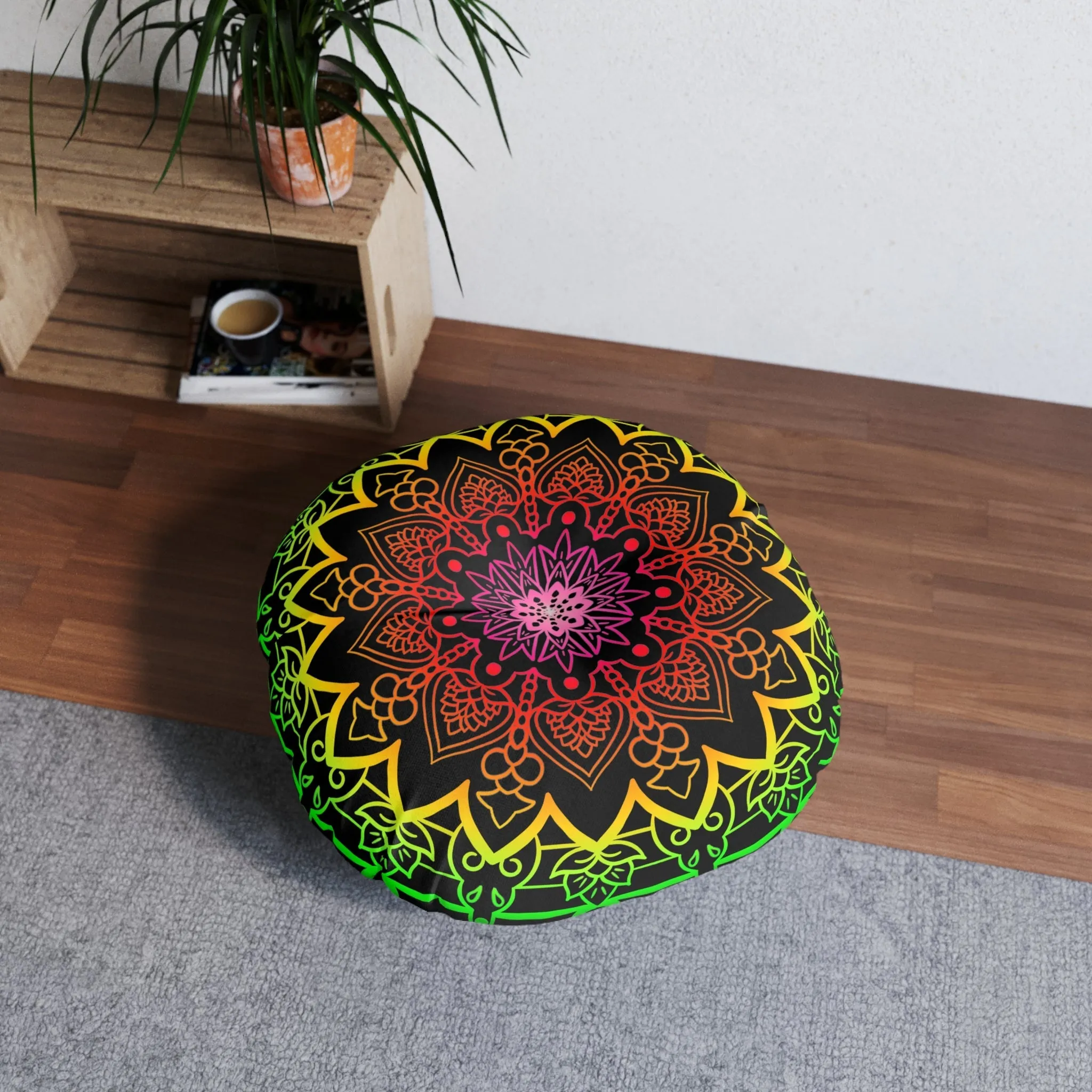 Hand Drawn Mandala Art Floor Cushion - Flower Colors on Black - Tufted