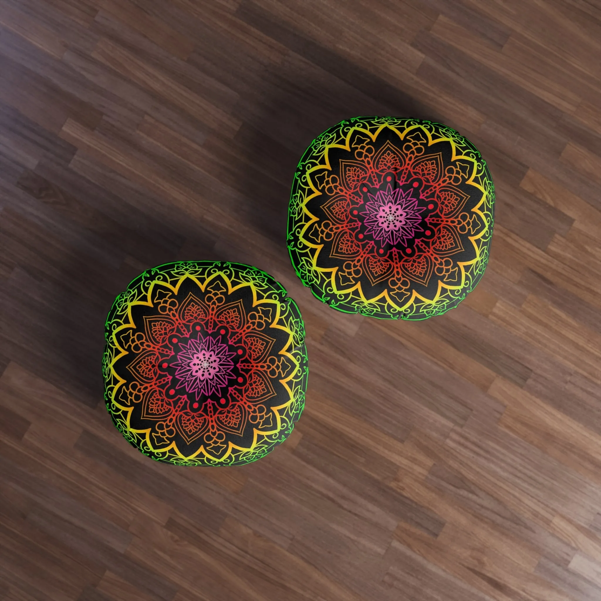 Hand Drawn Mandala Art Floor Cushion - Flower Colors on Black - Tufted