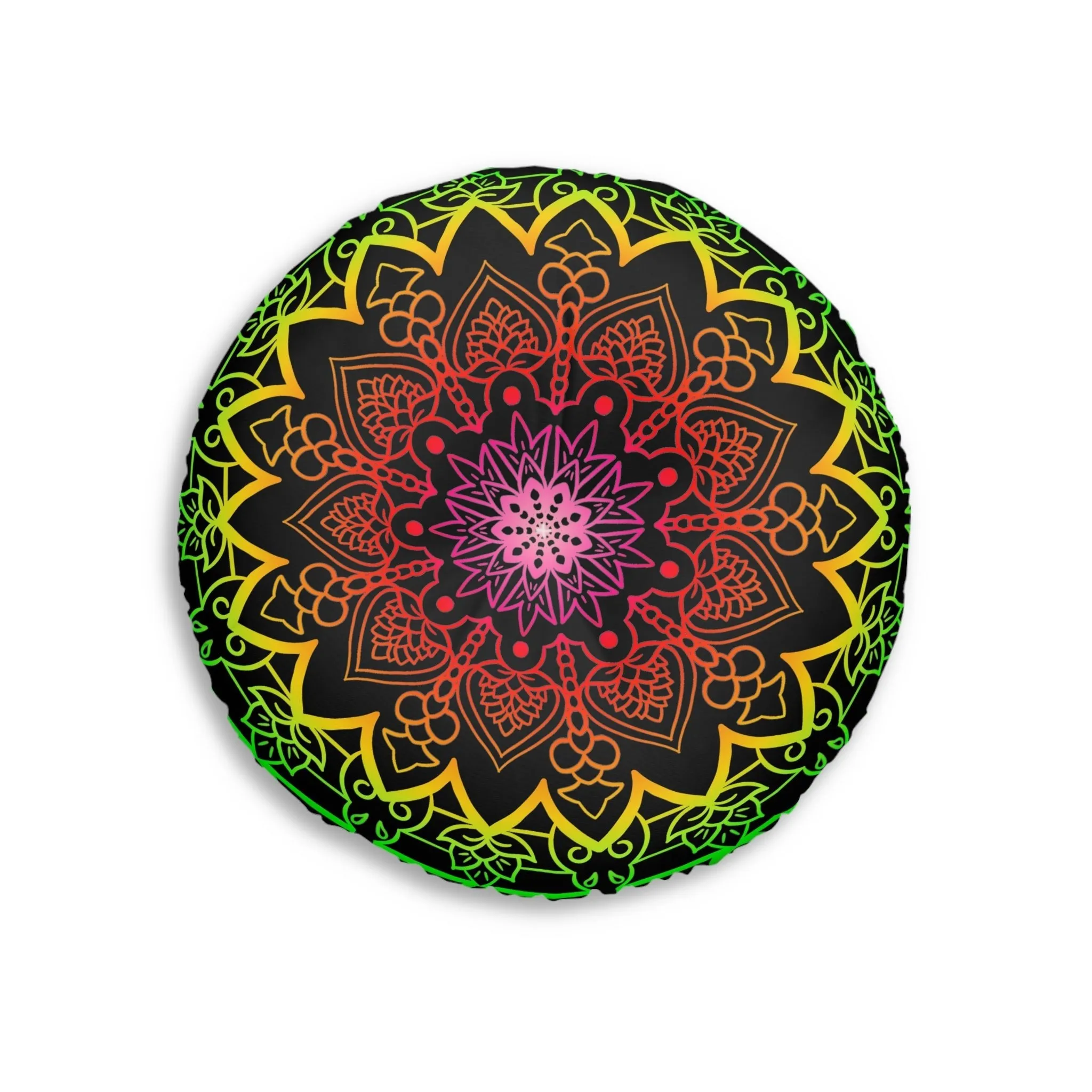 Hand Drawn Mandala Art Floor Cushion - Flower Colors on Black - Tufted