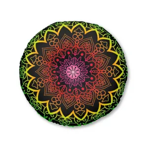 Hand Drawn Mandala Art Floor Cushion - Flower Colors on Black - Tufted