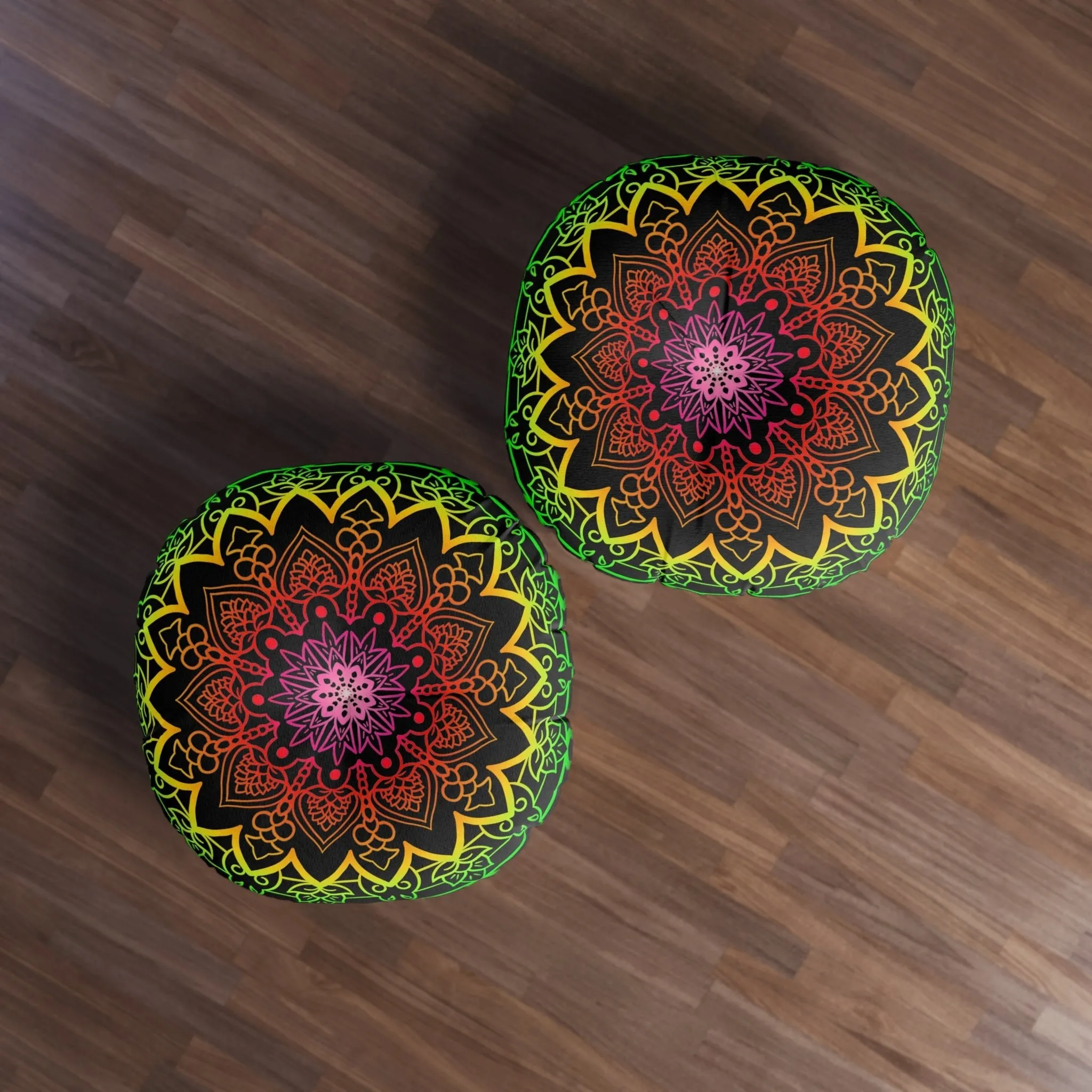 Hand Drawn Mandala Art Floor Cushion - Flower Colors on Black - Tufted