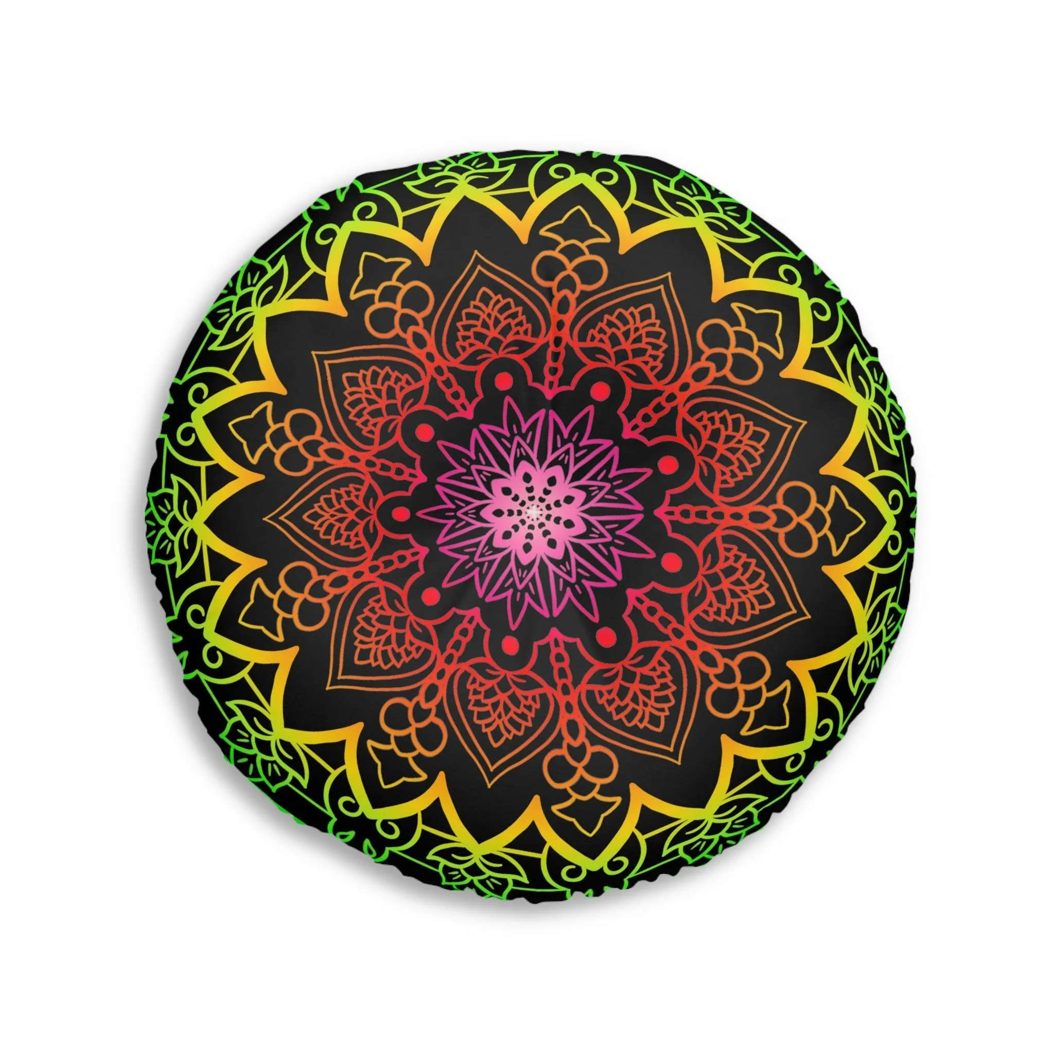 Hand Drawn Mandala Art Floor Cushion - Flower Colors on Black - Tufted