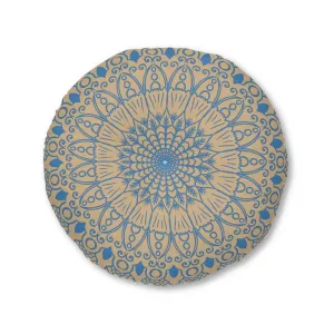 Handmade Mandala Art Floor Cushion - Steel Blue on Tan Background