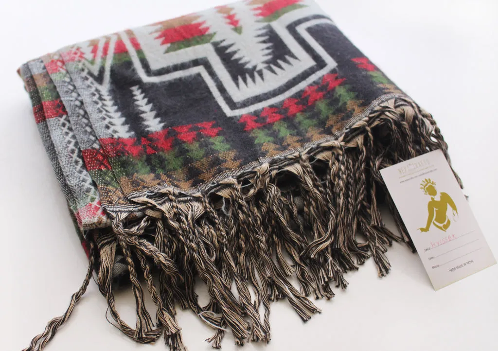 Himalayan Yak Wool Shawl in Black, Red and Green Check Pattern From Nepal