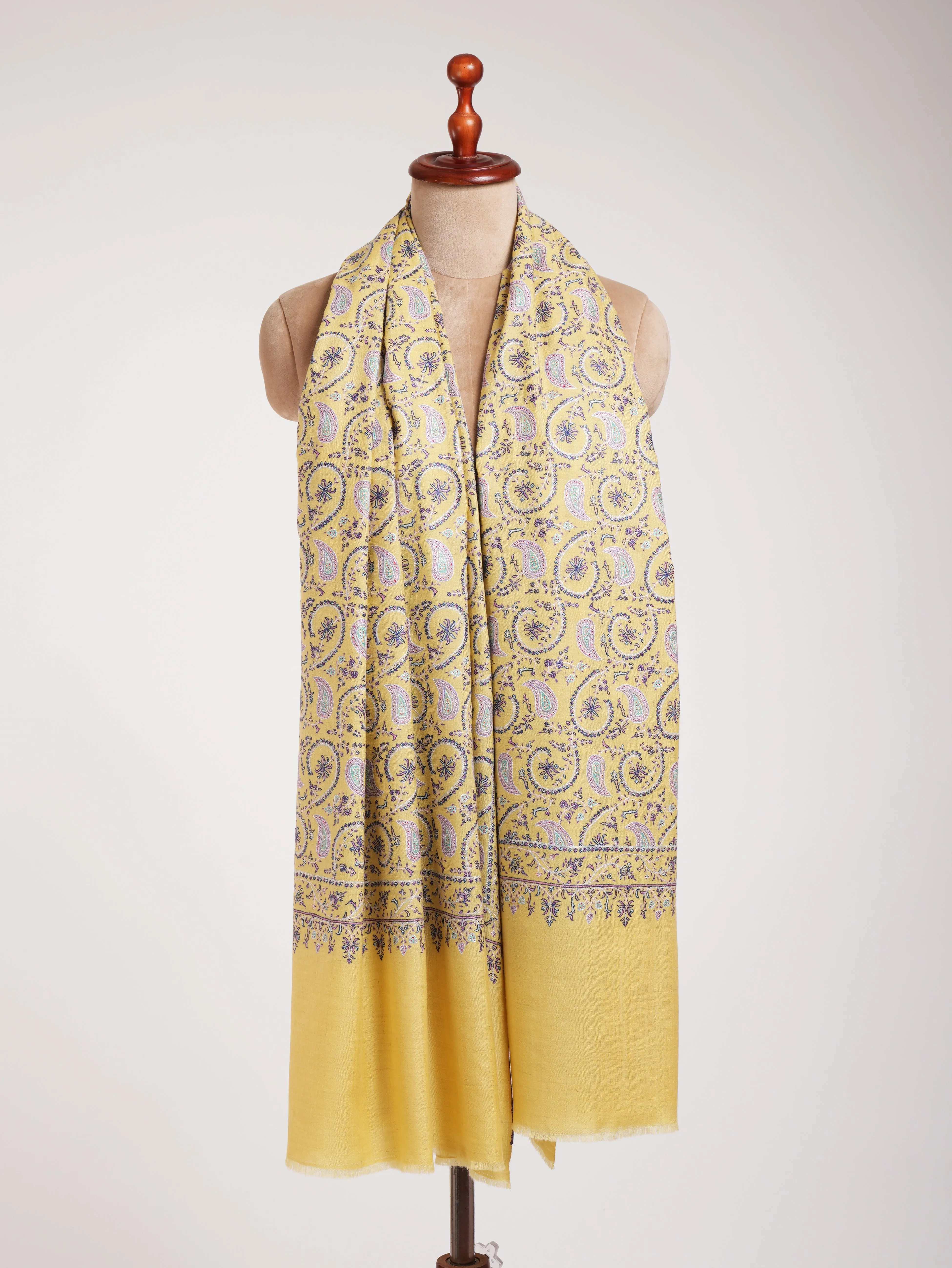 Lemon Yellow Indian Embroidered Kashmiri Jamavar Shawl