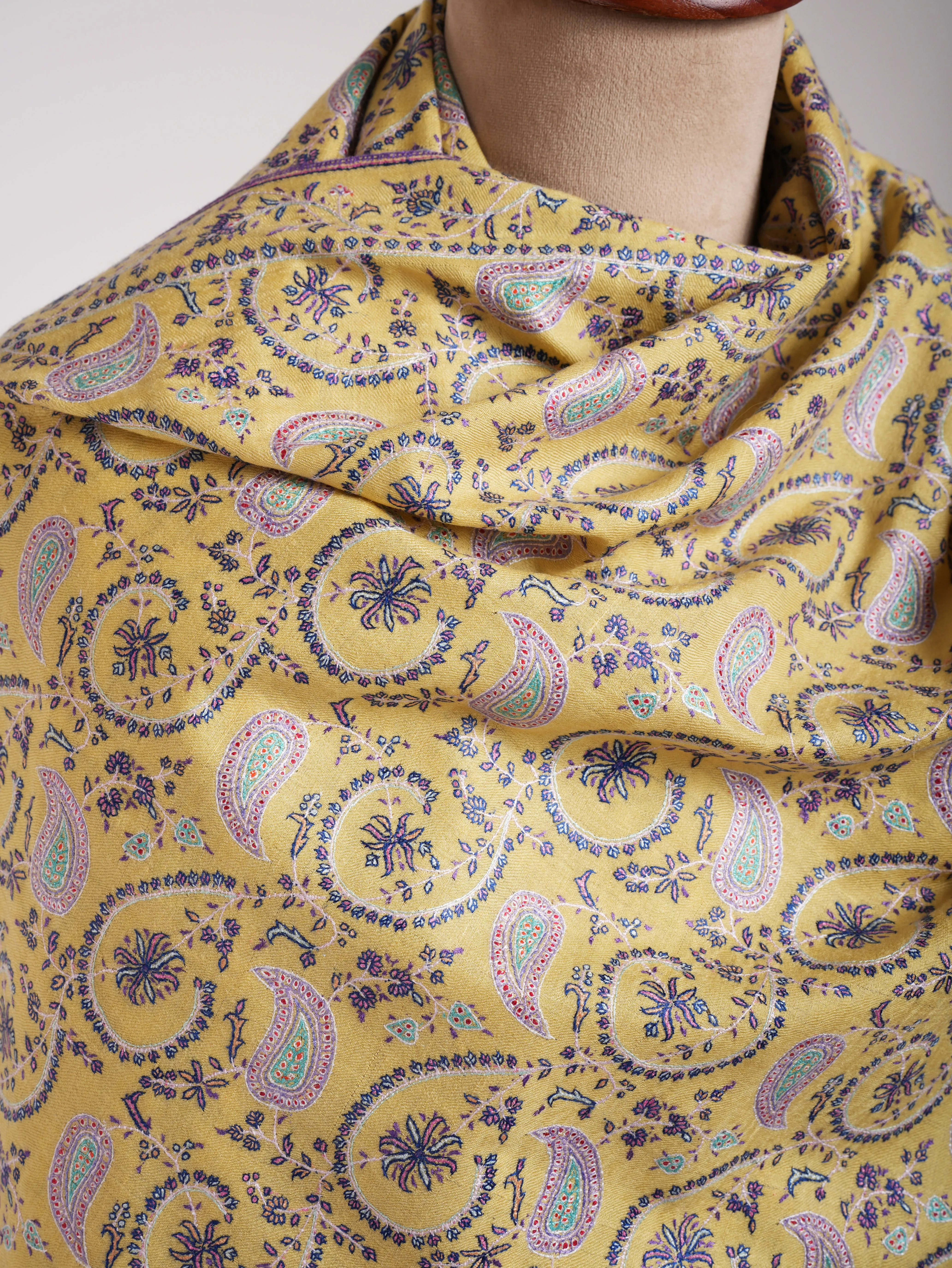 Lemon Yellow Indian Embroidered Kashmiri Jamavar Shawl