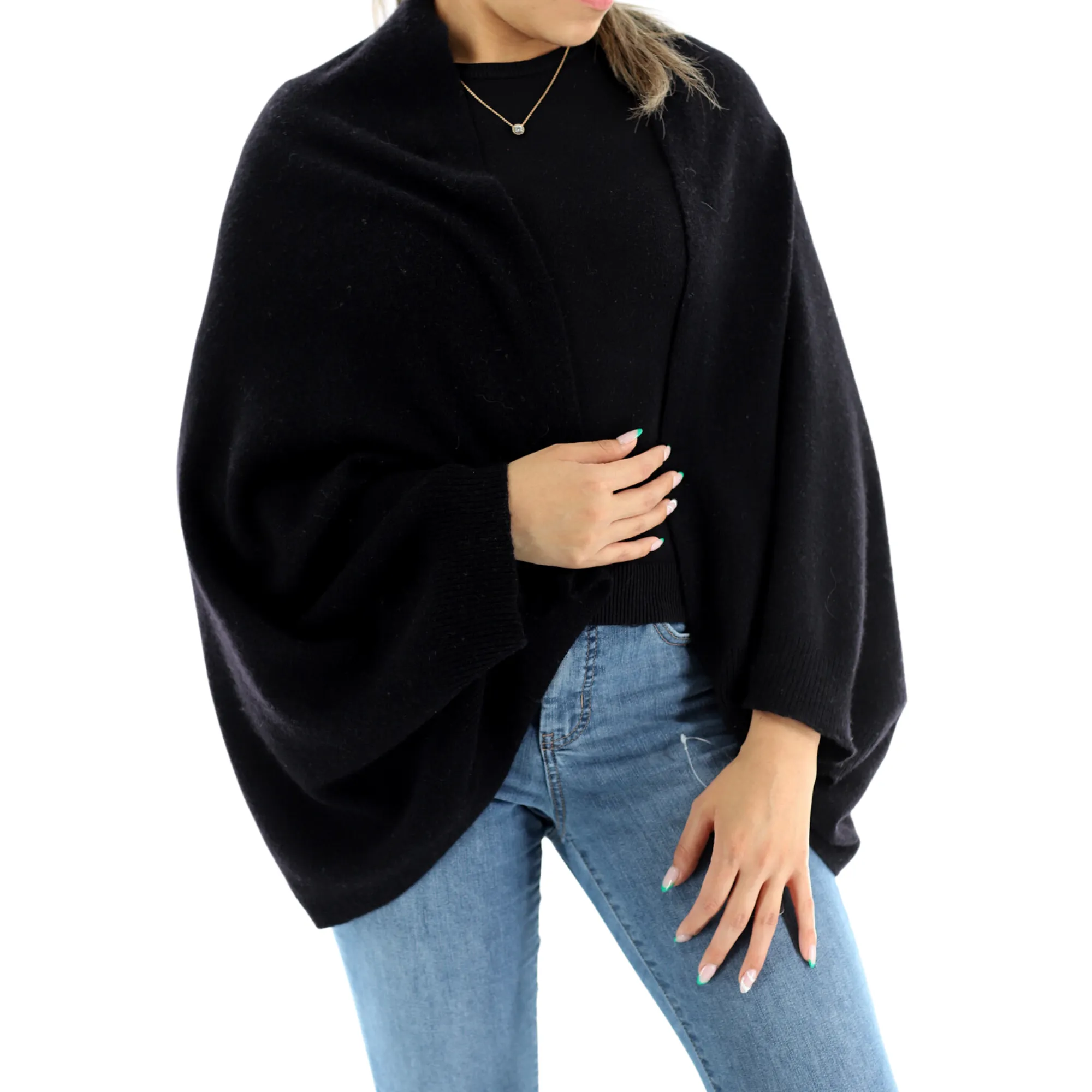 Luxe Soft Cashmere/Wool Blend Cocoon Shawl - Black - One Size