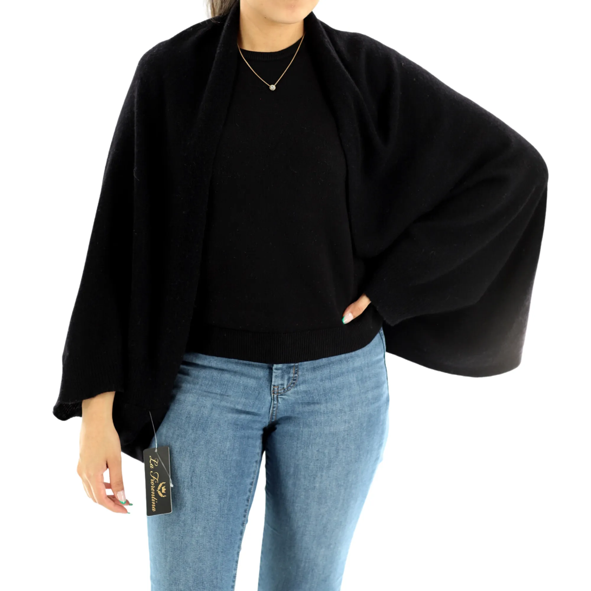 Luxe Soft Cashmere/Wool Blend Cocoon Shawl - Black - One Size