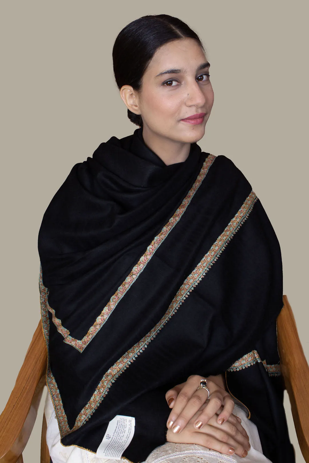 Maheen Pitch Black Double Hashidar Embroidered Pashmina Shawl