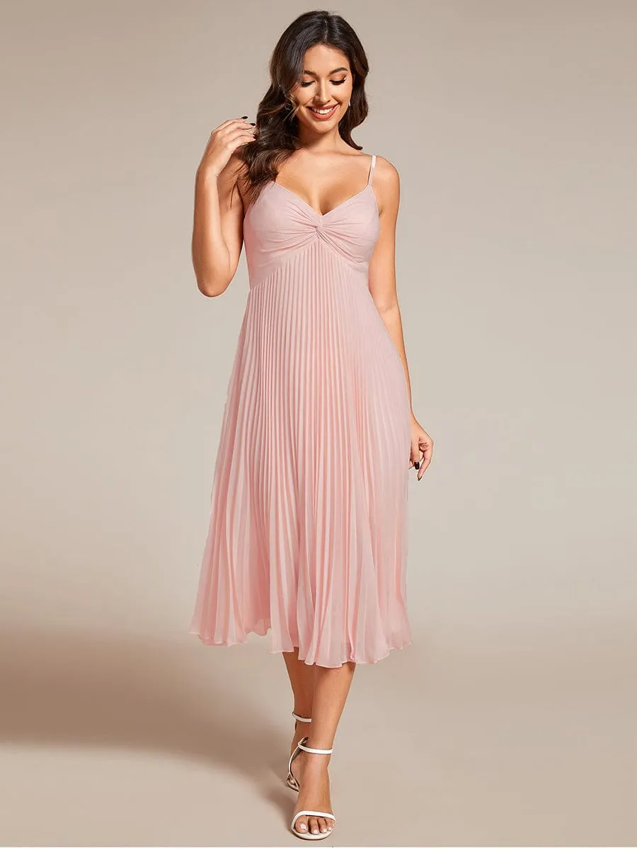 Midi Tiered Pleated V-Neck Wedding Guest Dress Featuring Spaghetti Straps