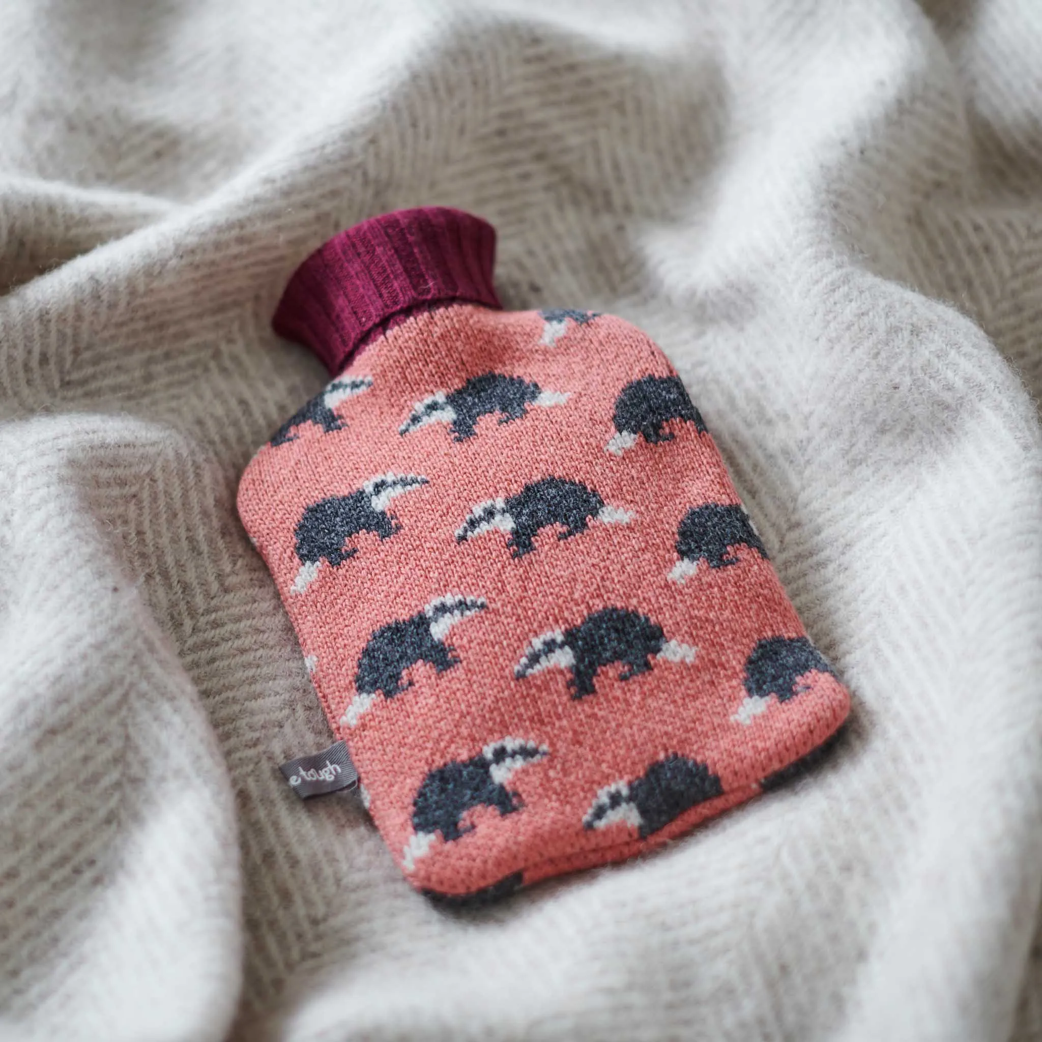 Mini Lambswool Hot Water Bottle Set - Pink Badgers