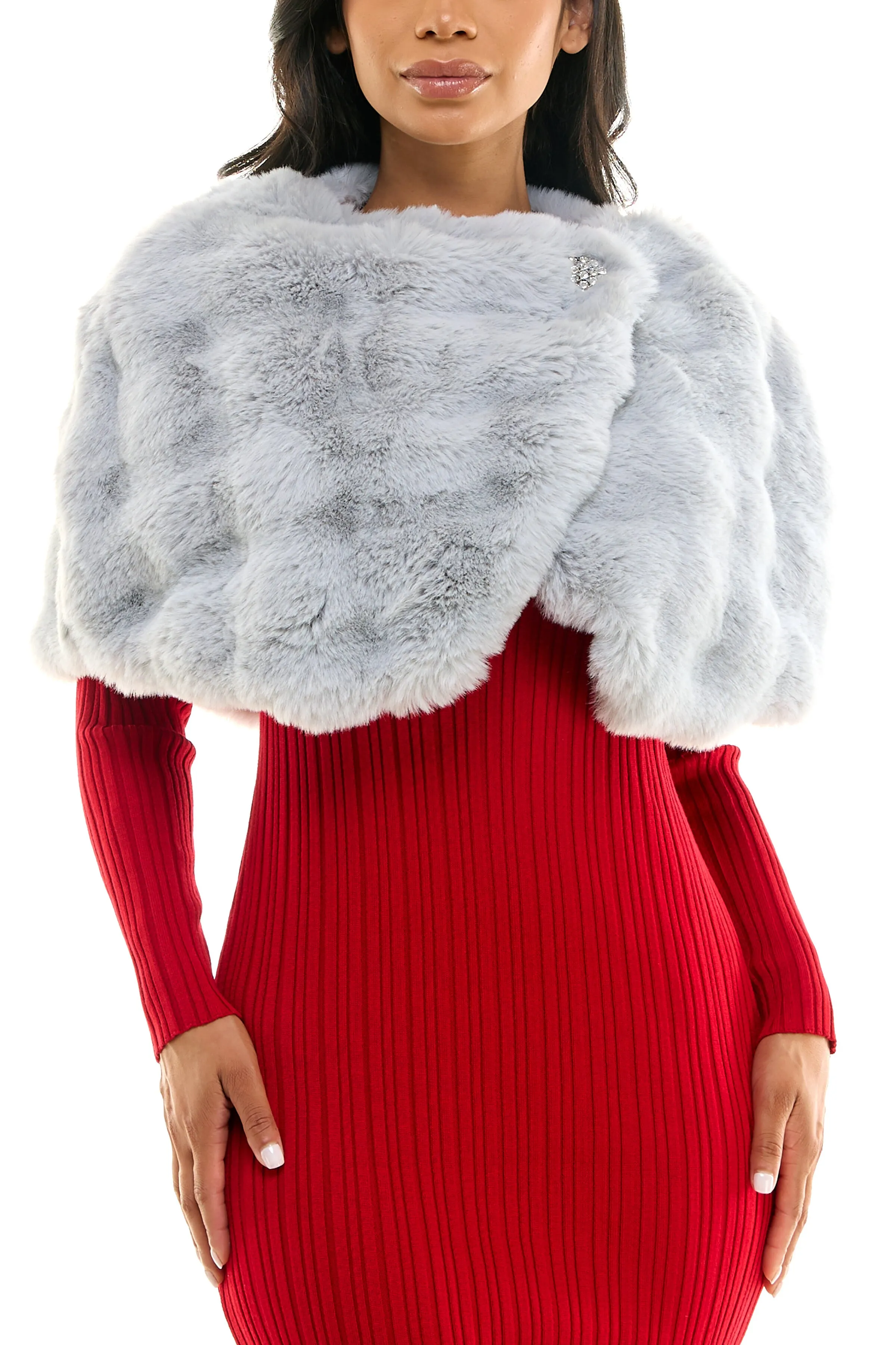 Nina Leonard One Button And Hook Closure Embellished Faux Fur Capelet