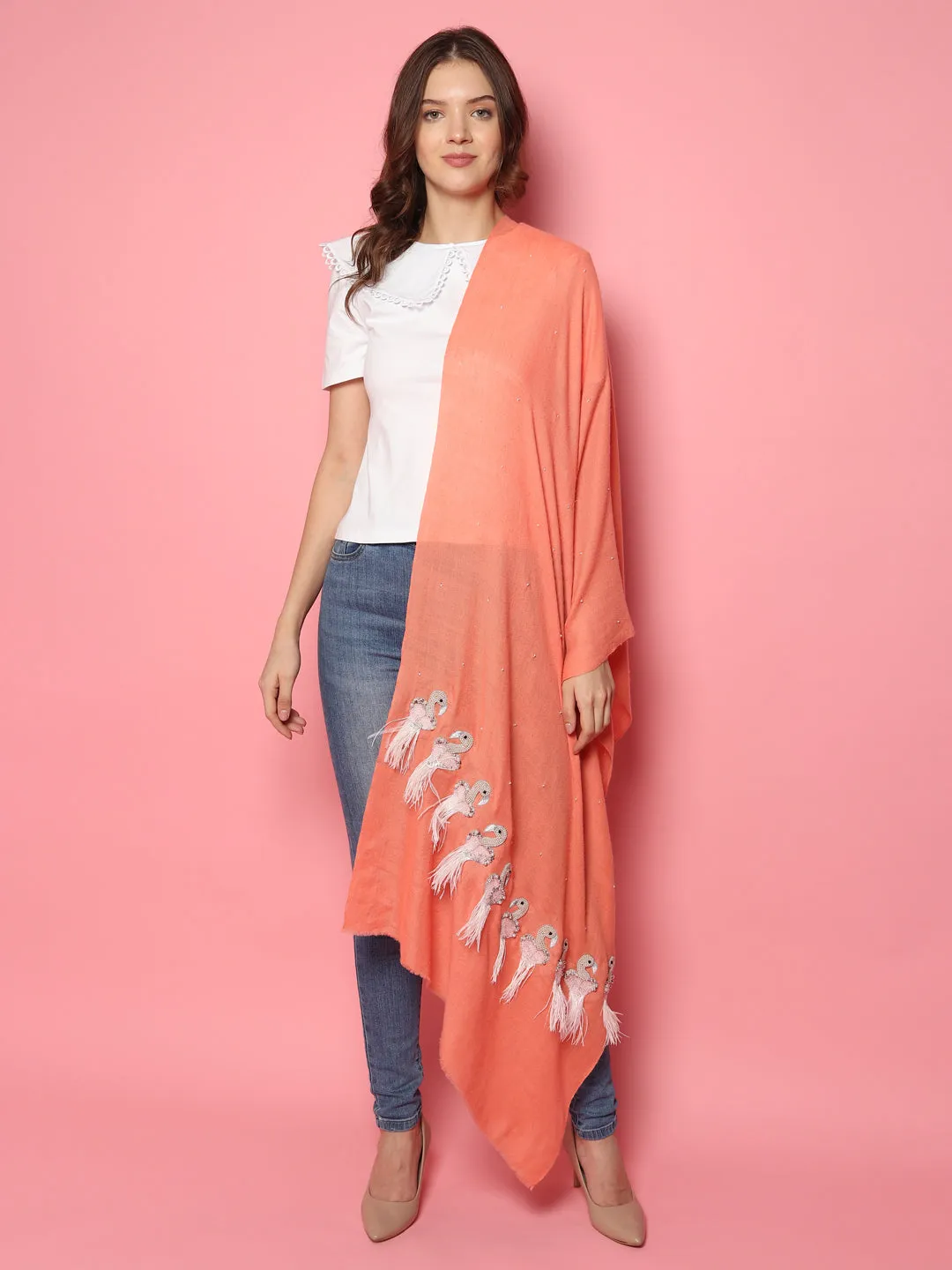 Peach Pure Pashmina Shawl with Feather Bird design, 100% pashmina shawl online