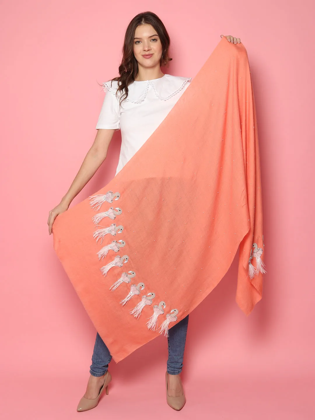 Peach Pure Pashmina Shawl with Feather Bird design, 100% pashmina shawl online