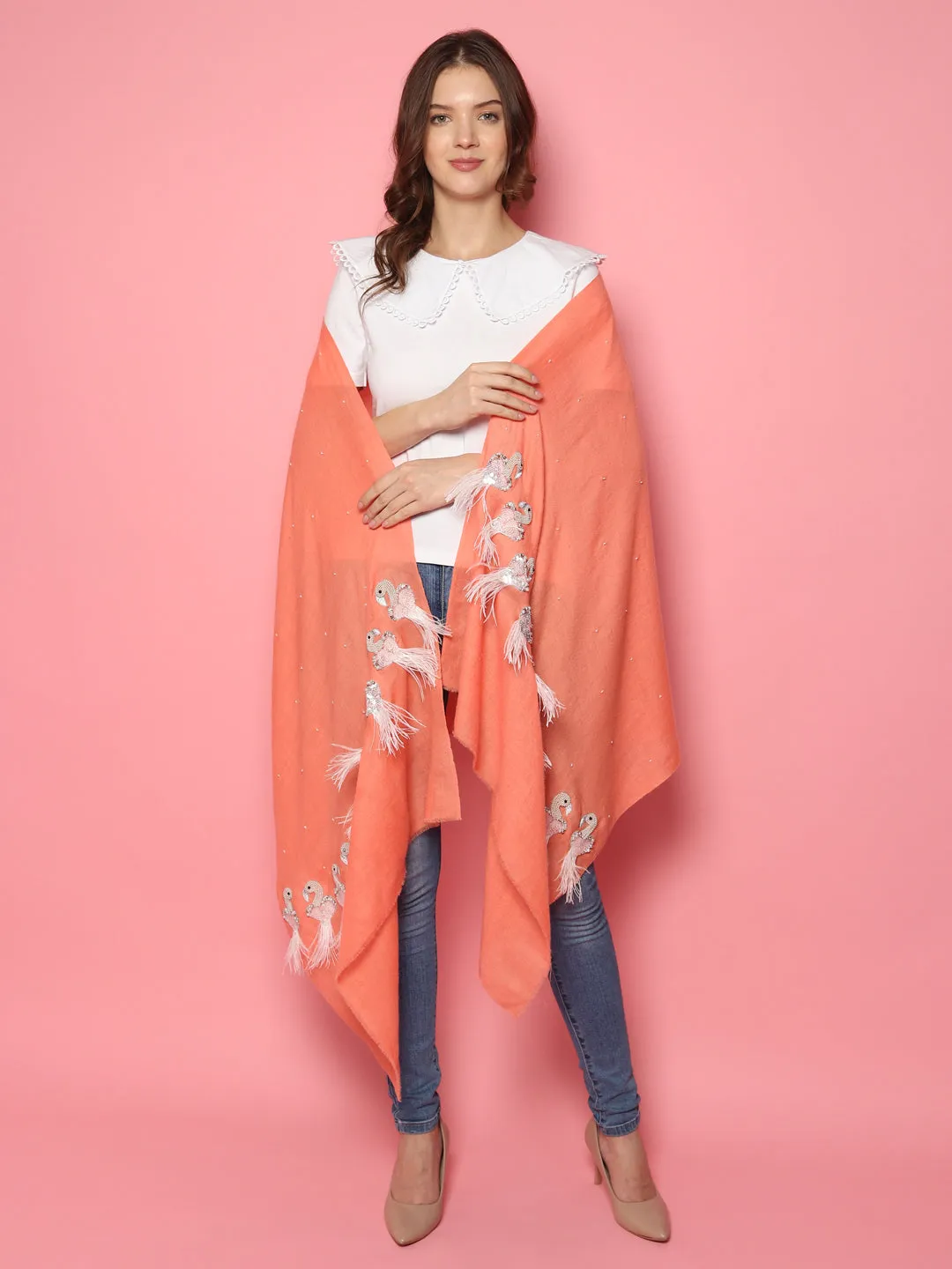 Peach Pure Pashmina Shawl with Feather Bird design, 100% pashmina shawl online