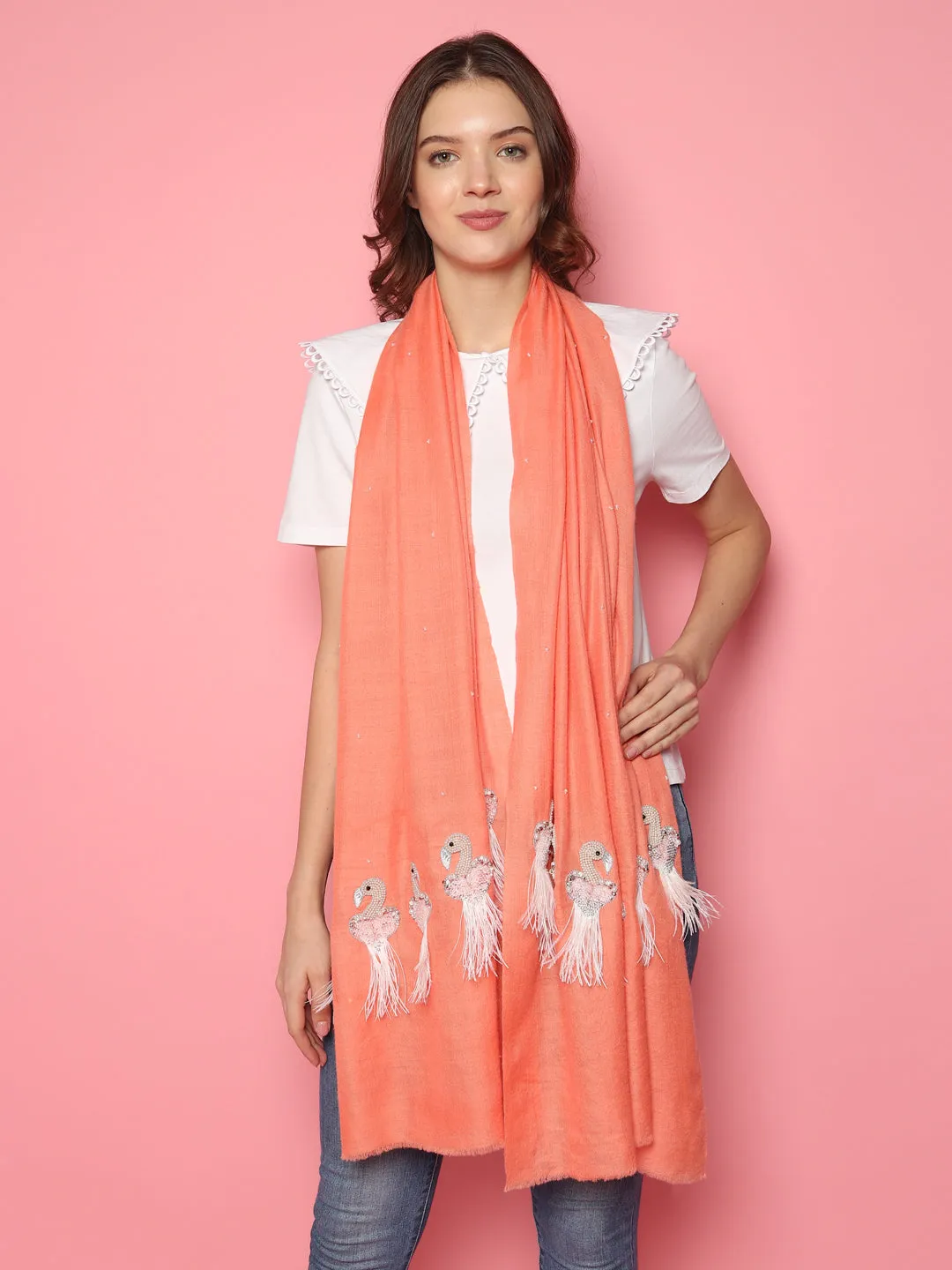 Peach Pure Pashmina Shawl with Feather Bird design, 100% pashmina shawl online