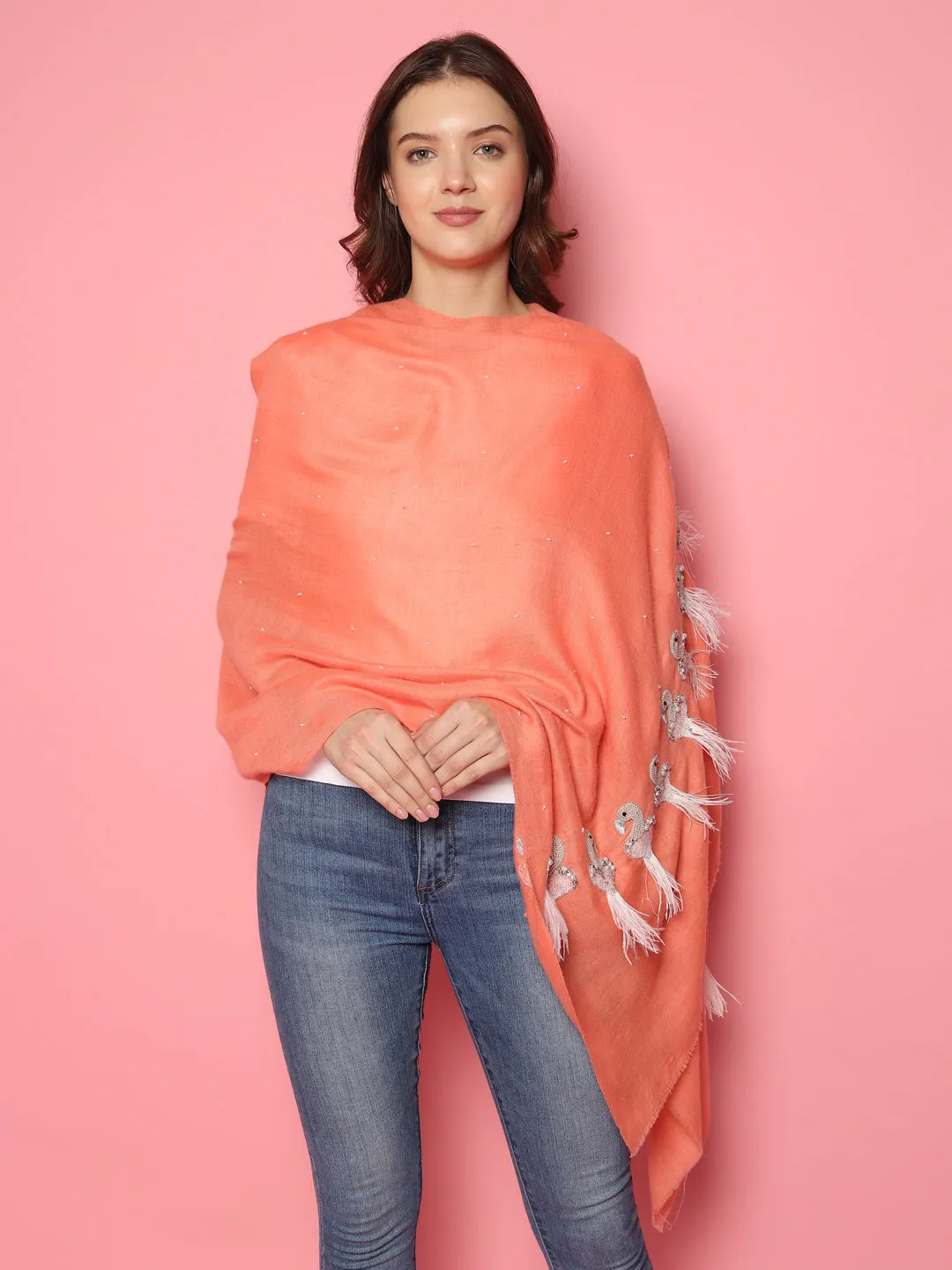 Peach Pure Pashmina Shawl with Feather Bird design, 100% pashmina shawl online